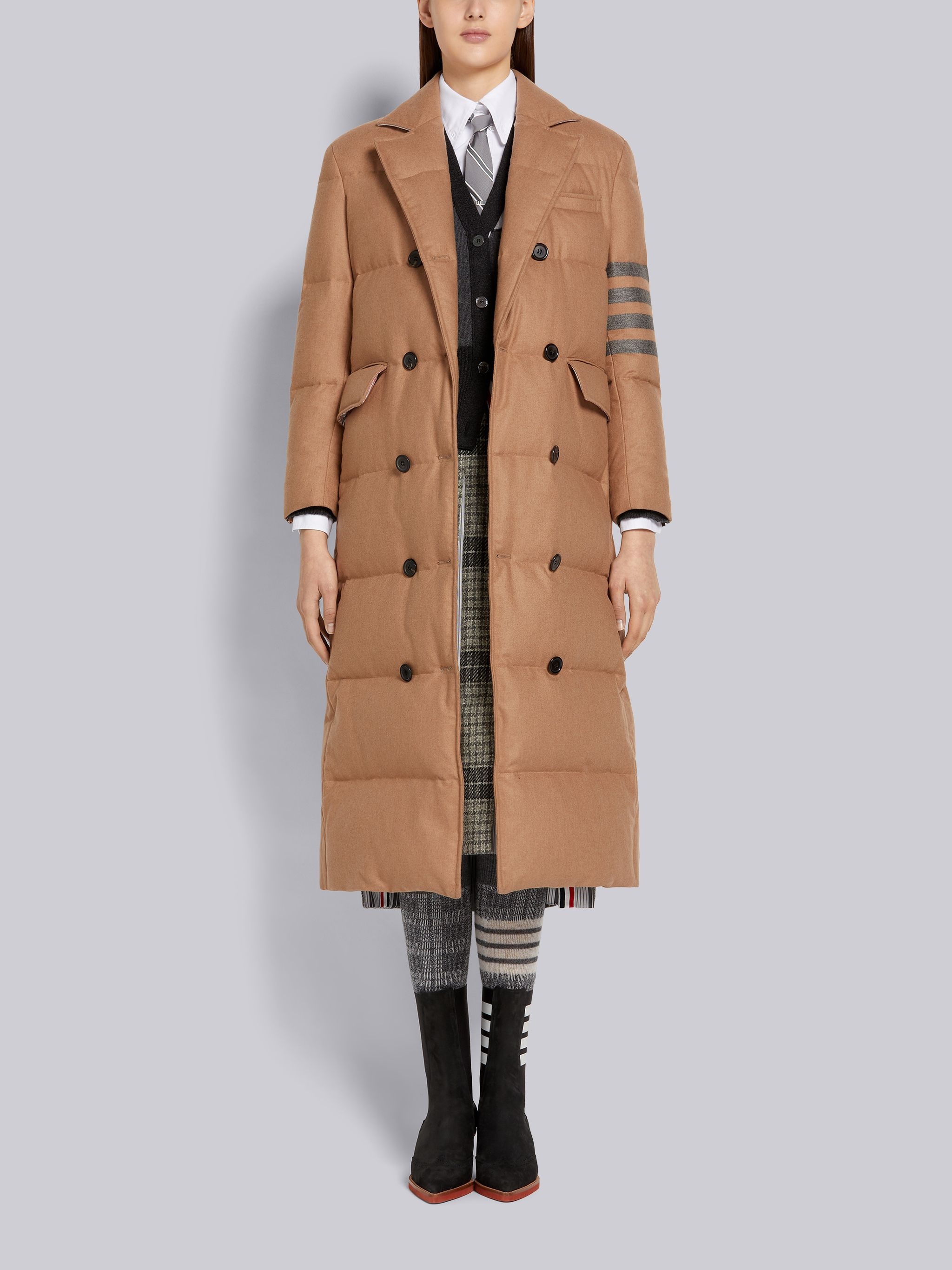 Down-Filled Jacket Weight Camel Hair 4-Bar Wide Lapel Trouser Length Double Breasted Overcoat - 4