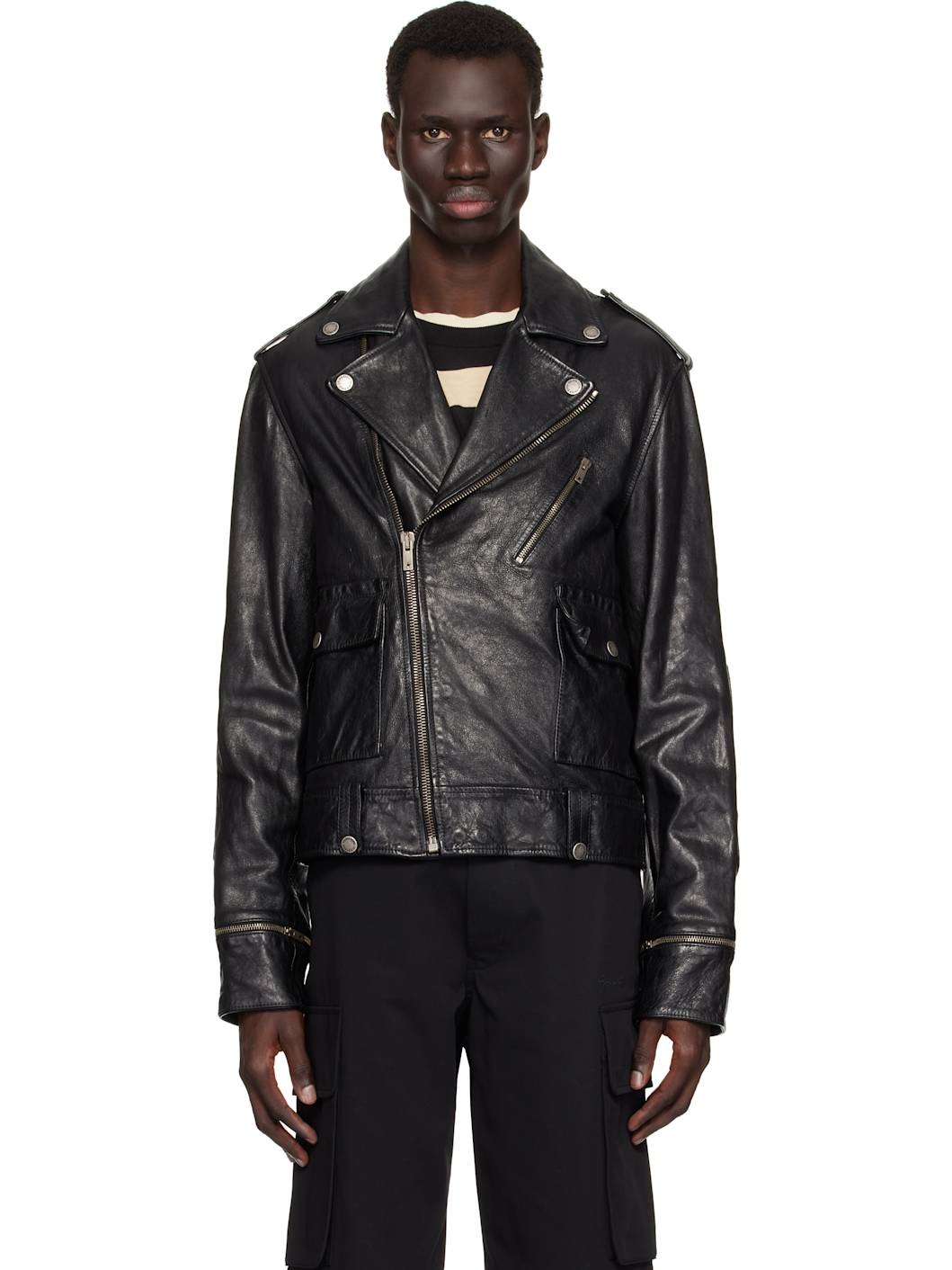 Black Glossy Effect Biker LeatherJacket - 1