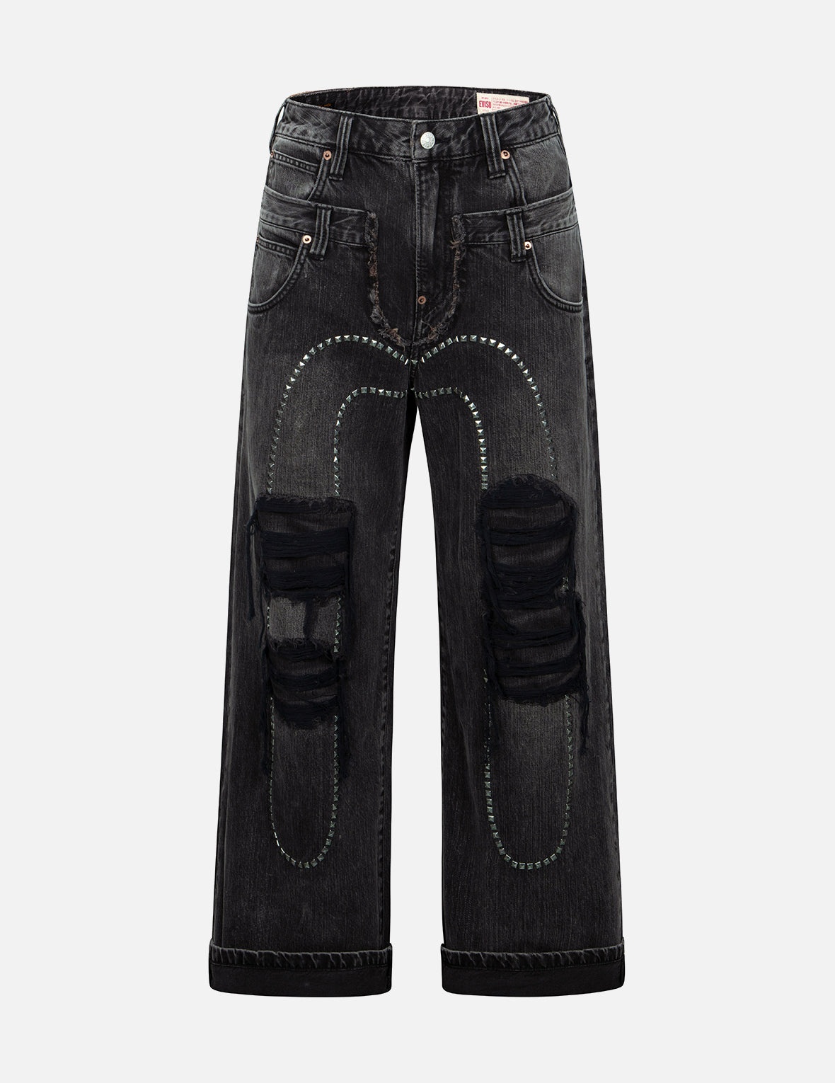 Distressed Studded Daicock and Fair Isle Snowflake Printed Pocket Fashion Fit Jeans - 1