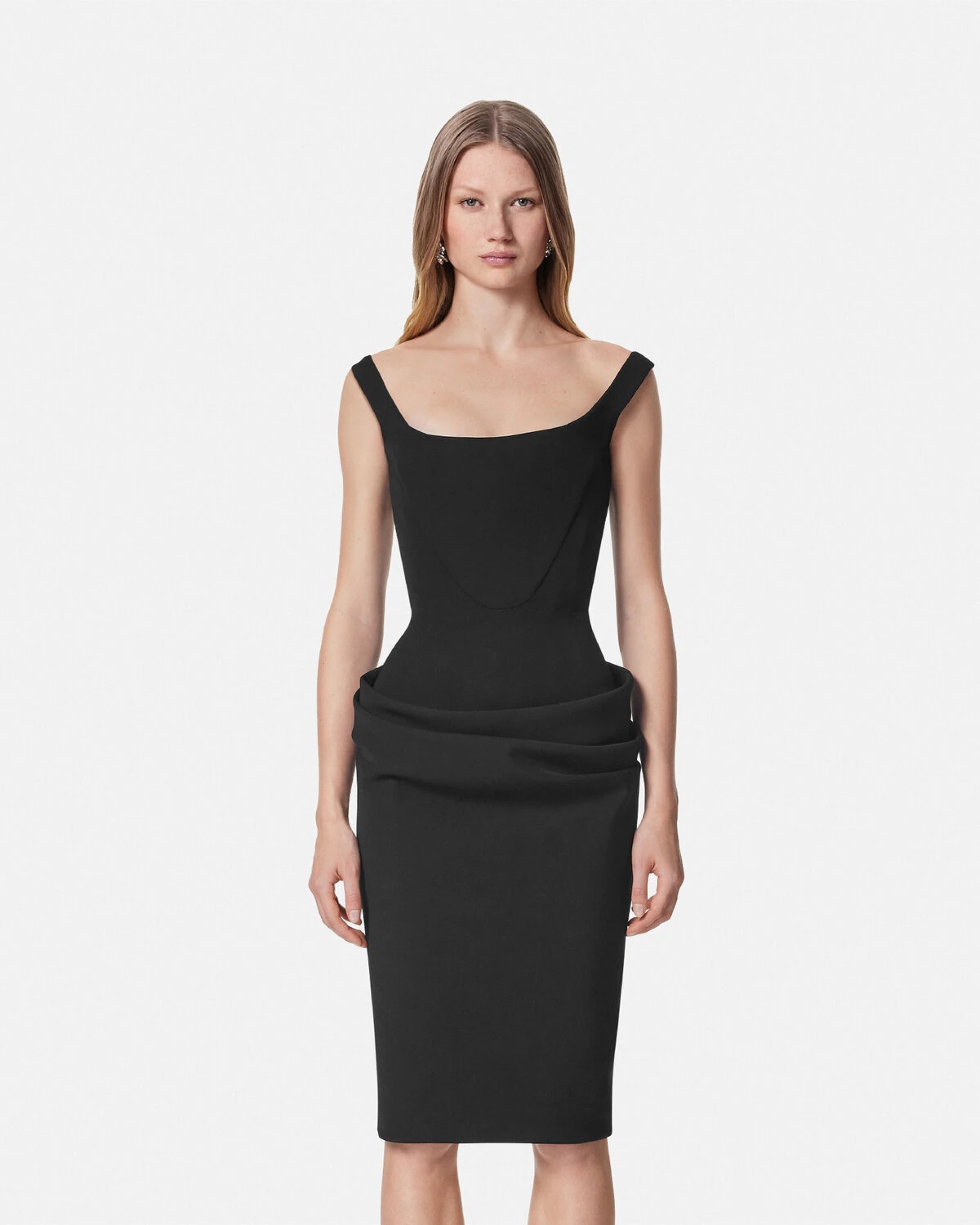 Wool Gabardine Corset Draped Midi Dress - 4
