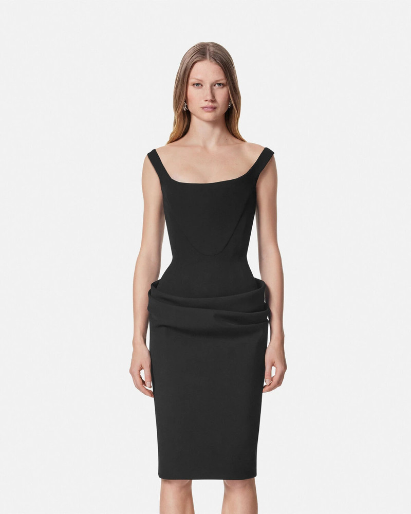 Wool Gabardine Corset Draped Midi Dress 4