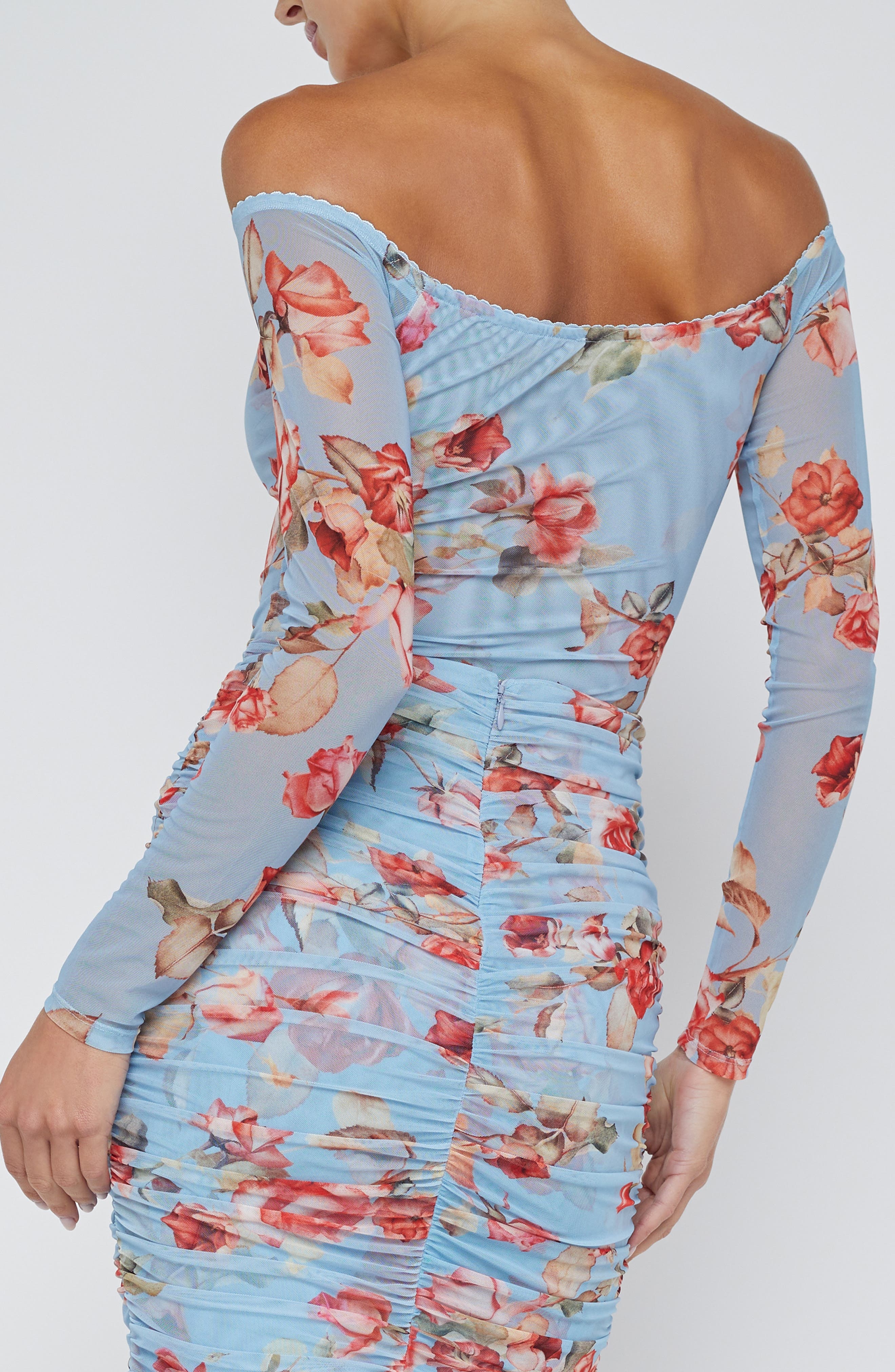 L'AGENCE Peonie Floral Off the Shoulder Mesh Bodysuit in Light Blue Tapestry Floral at Nordstrom - 2