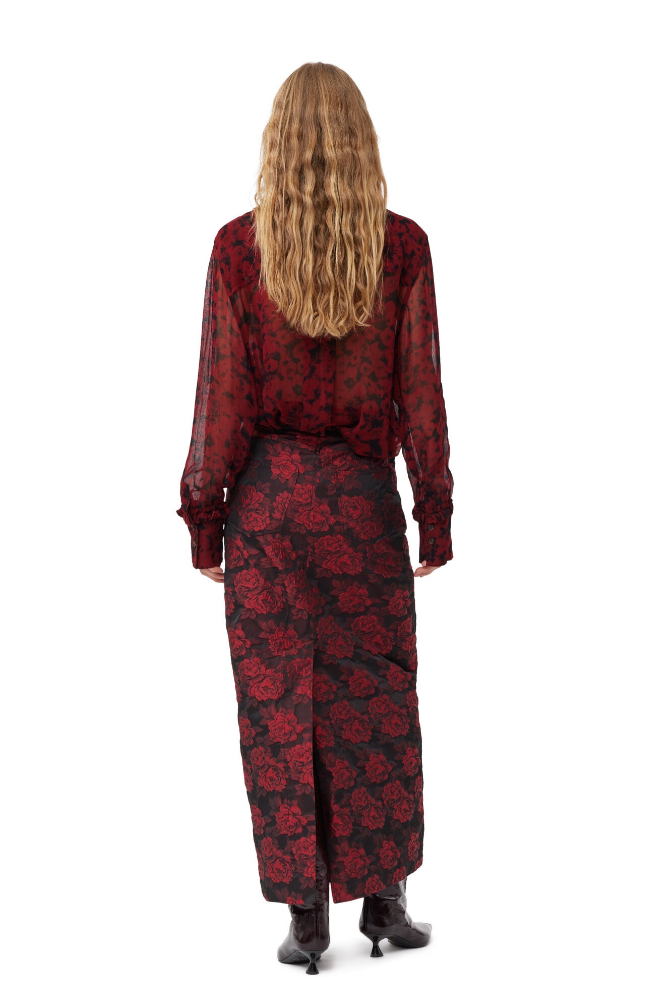 RED BOTANICAL JACQUARD LONG SKIRT - 3