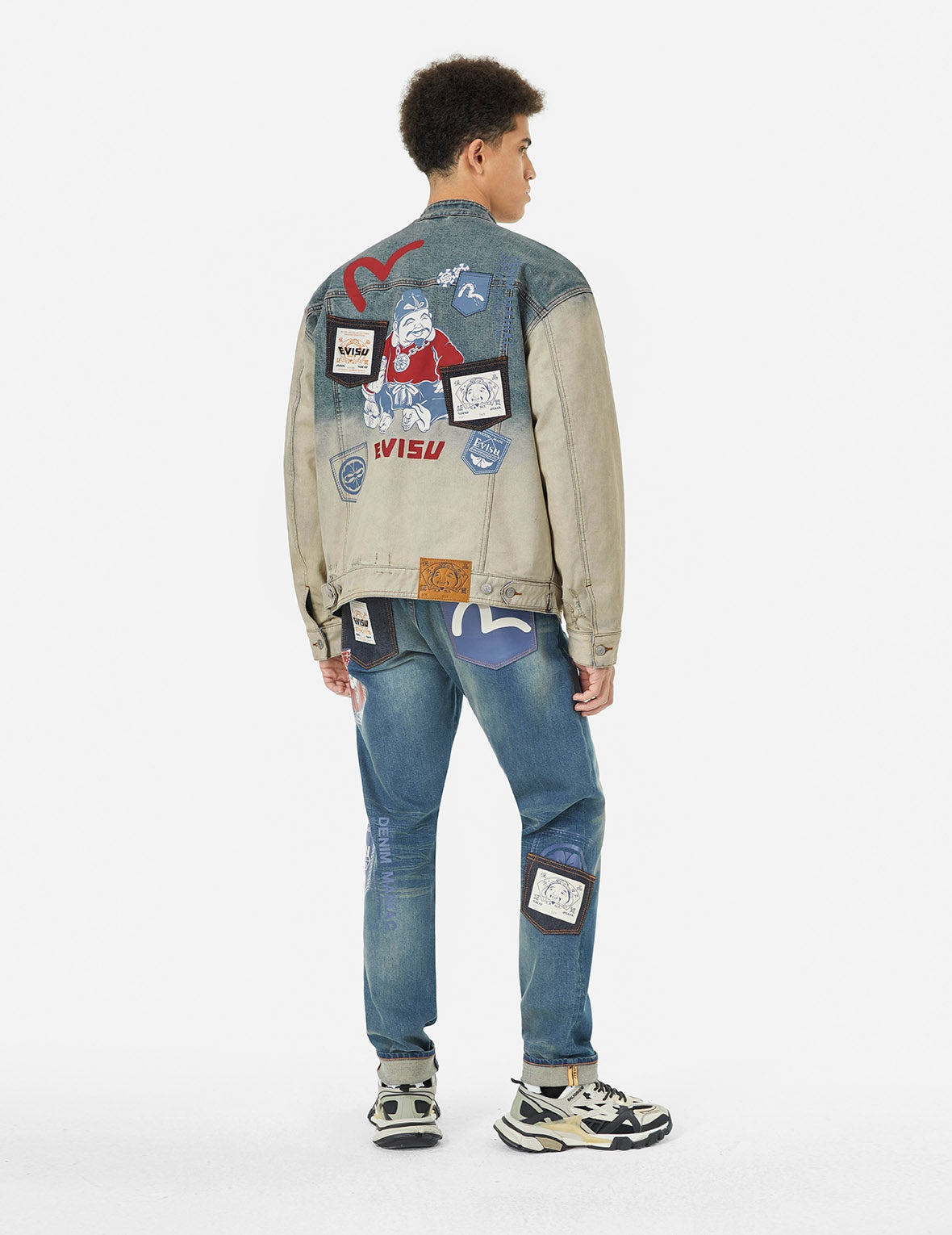 Ebisu Print and Multi-Pocket Loose Fit Biker Denim Jacket - 3