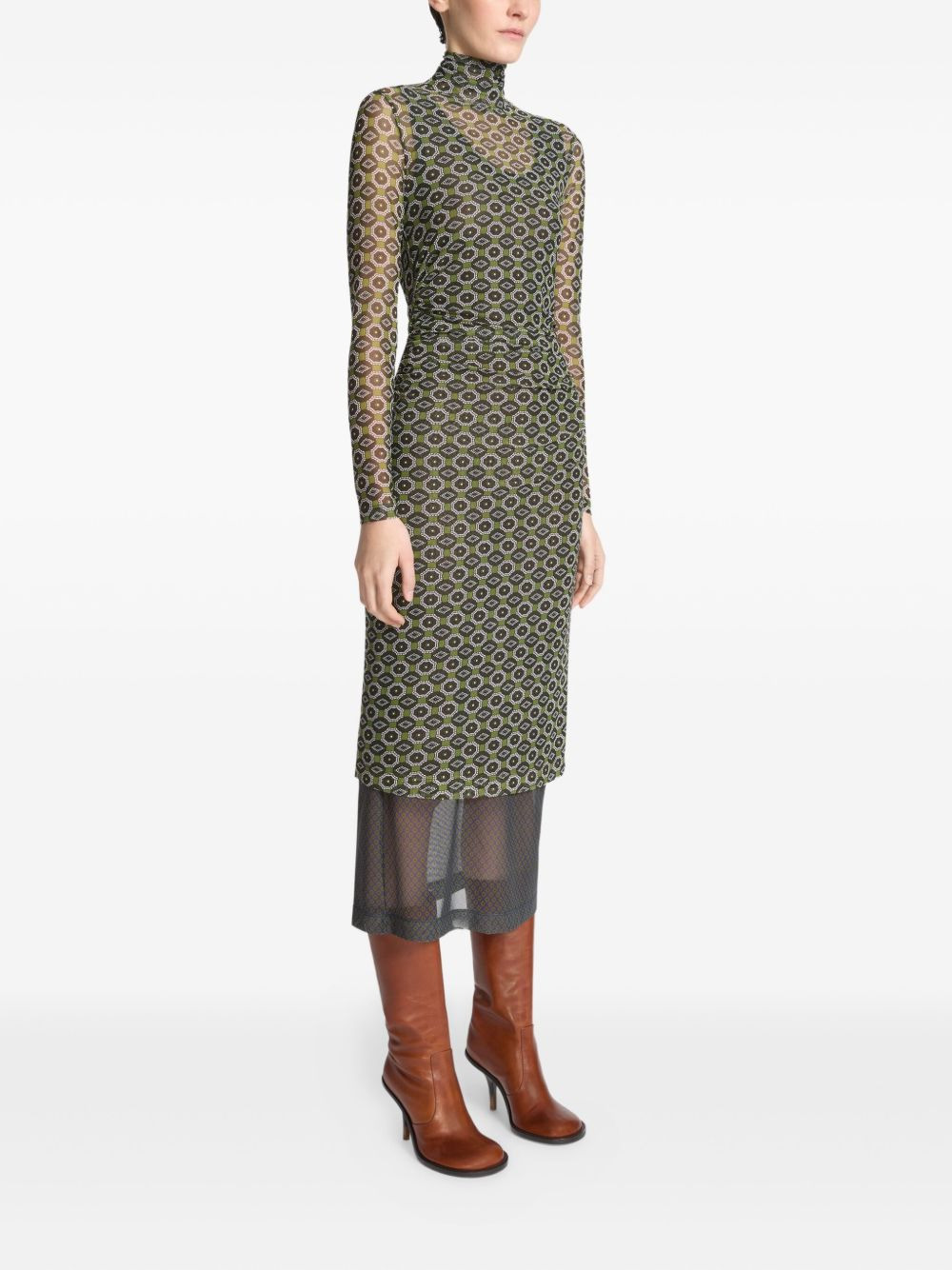 printed mesh turtleneck dress - 3