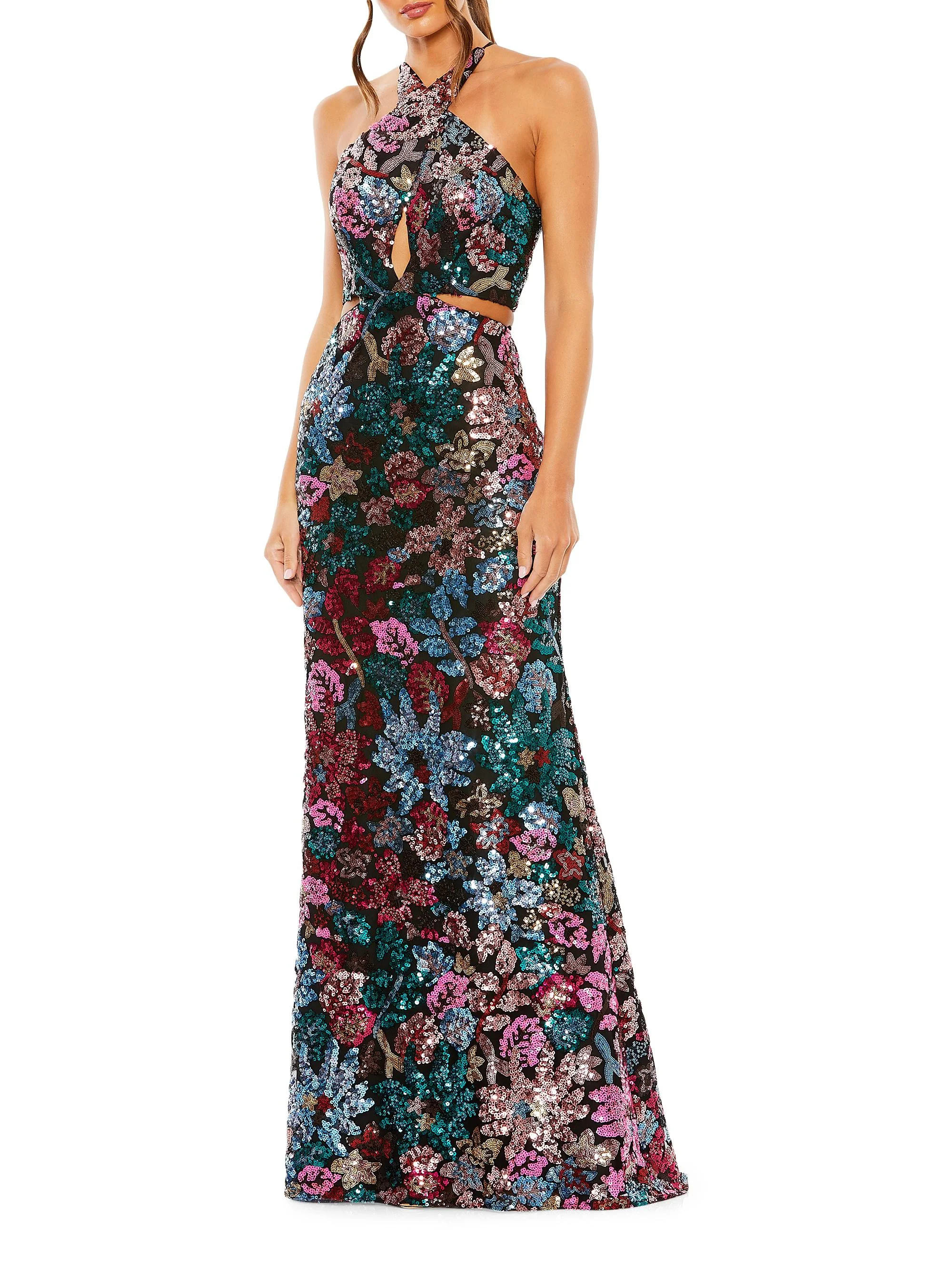 Women's Floral Sequined Cut-Out Halter Gown - Black Multi - 1