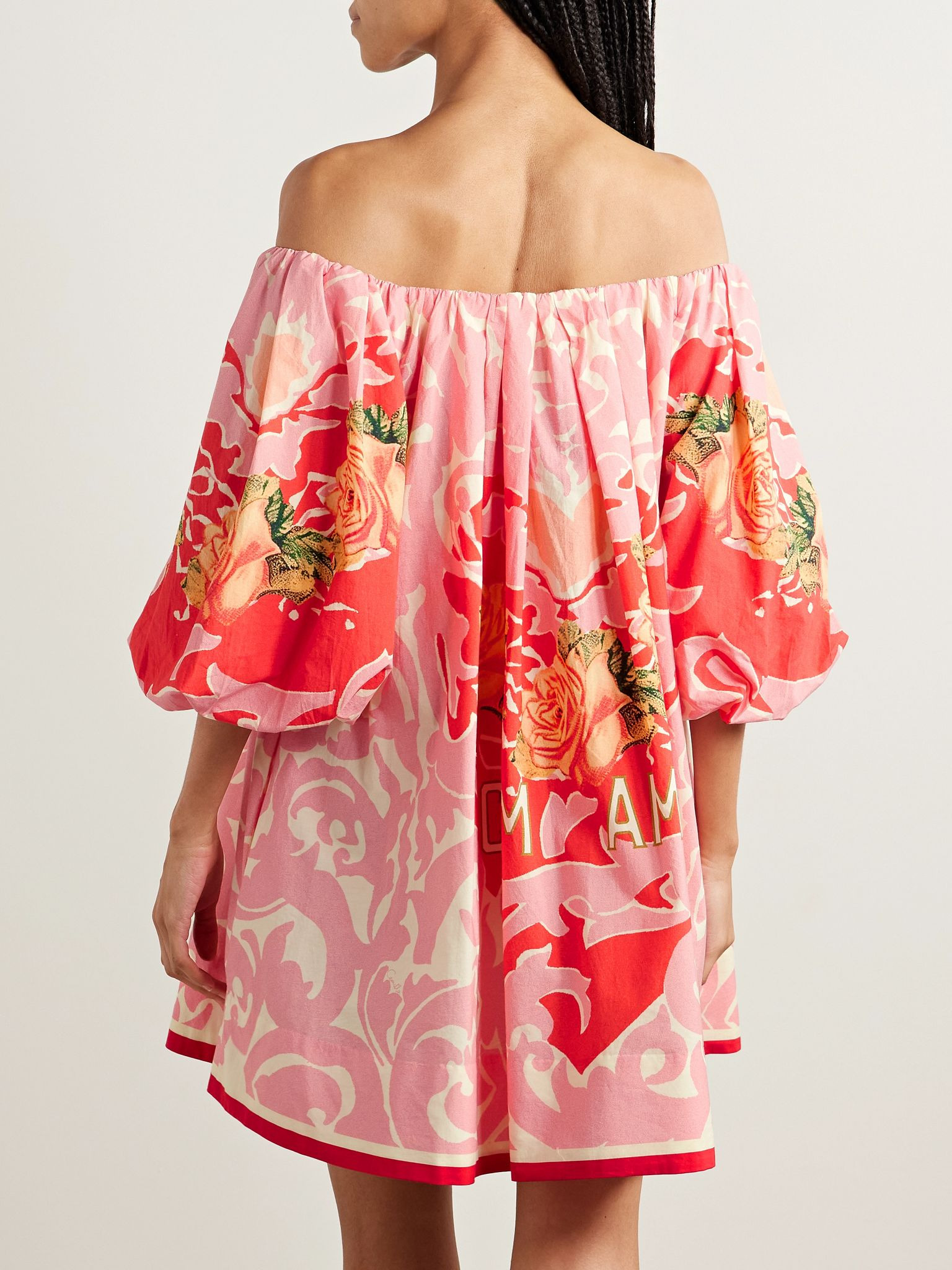 Off-the-shoulder crystal-embellished printed organic cotton-poplin mini dress Pink - 3