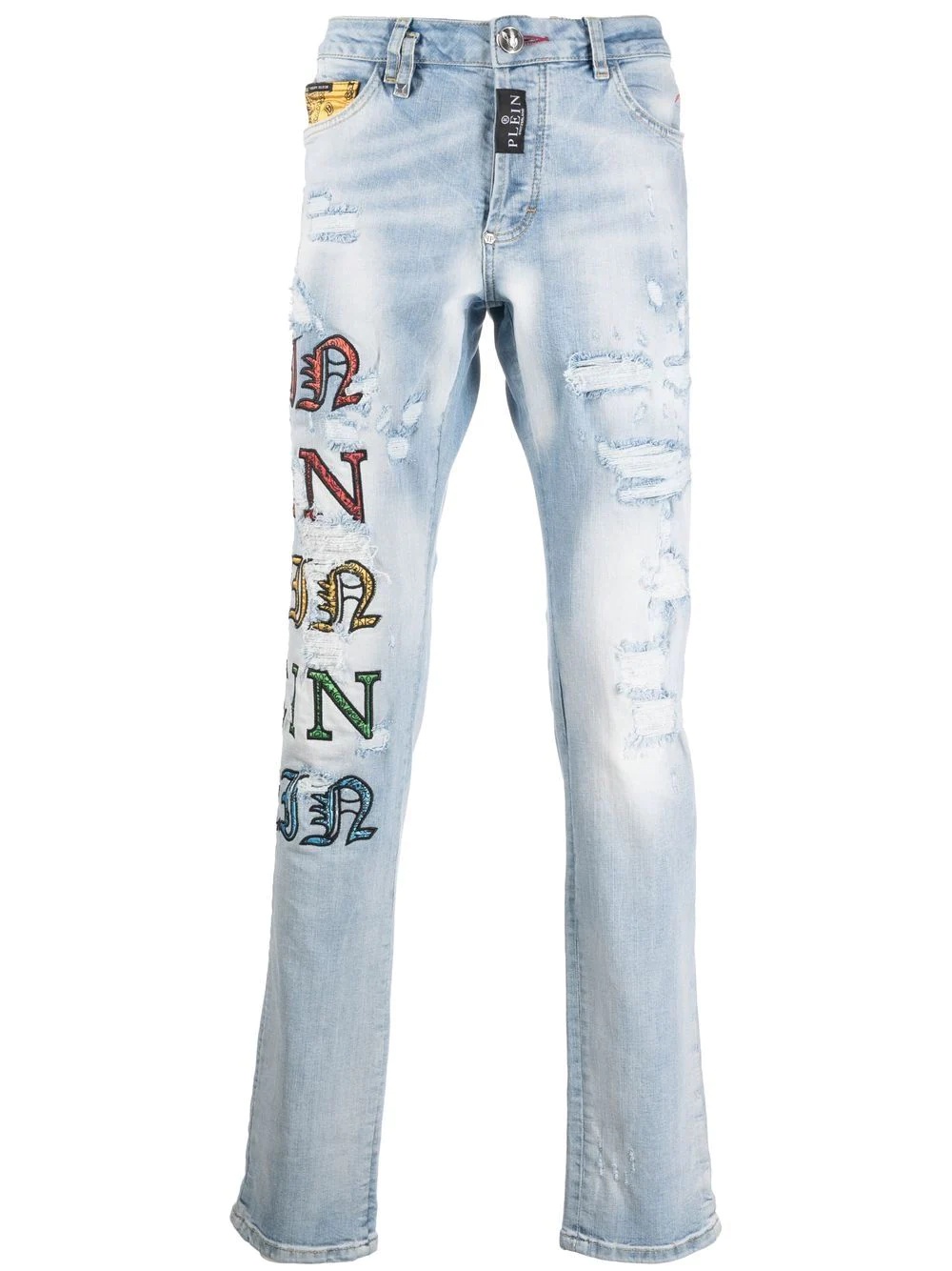 patch-lettering distressed jeans - 1