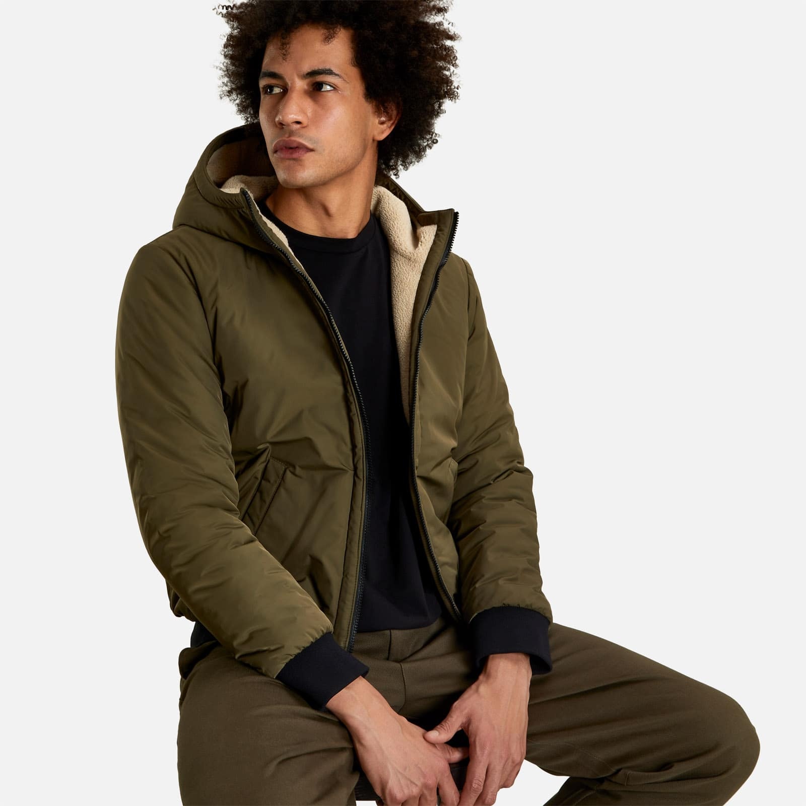 Multimaterial Reversible Bomber Jacket Green Ivory - 4