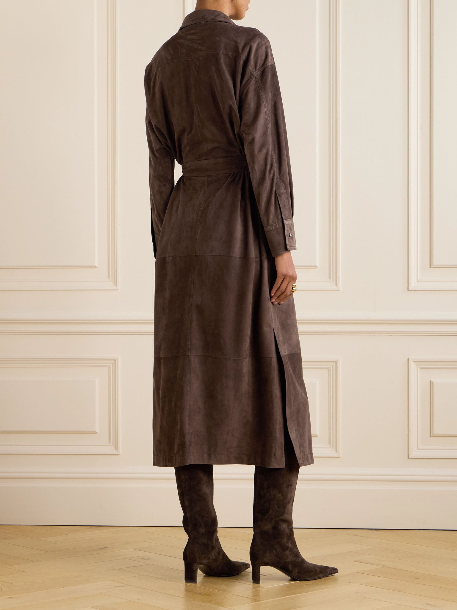 Belted suede coat Brown - 4
