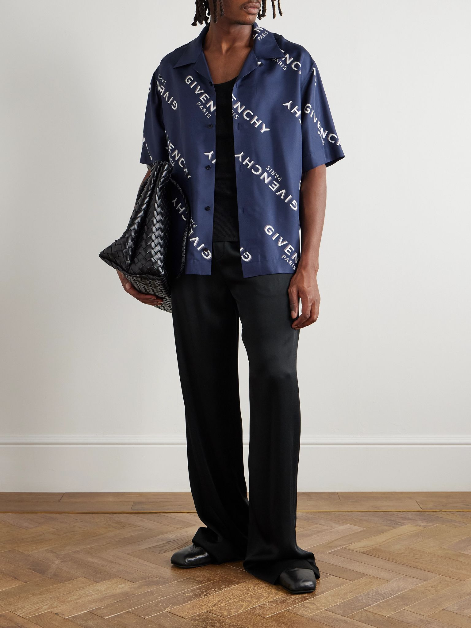 Convertible-Collar Logo-Print Silk-Twill Shirt Navy - 2