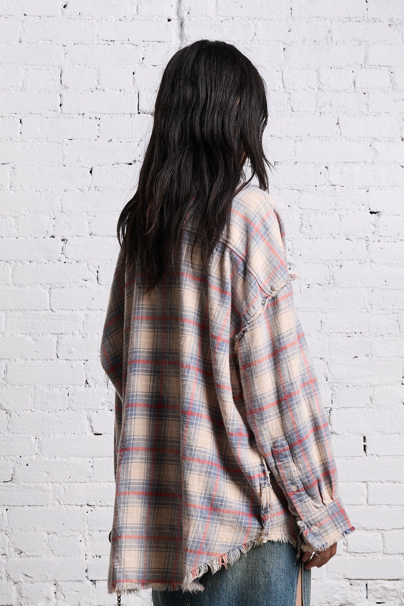 SHREDDED SEAM DROP NECK - BLEACHED ECRU PLAID - 6