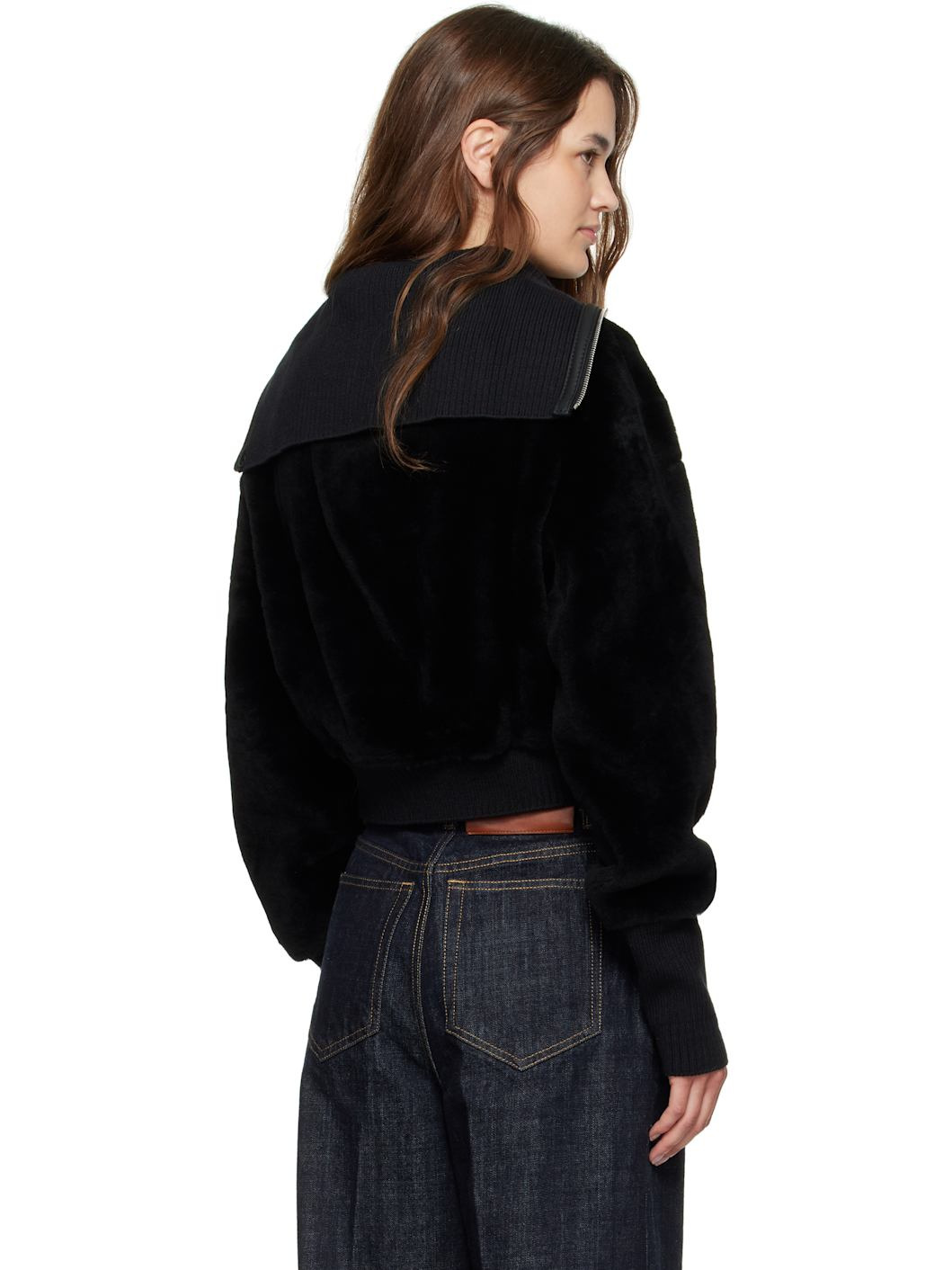 Black Zip Shearling Bomber Jacket - 3