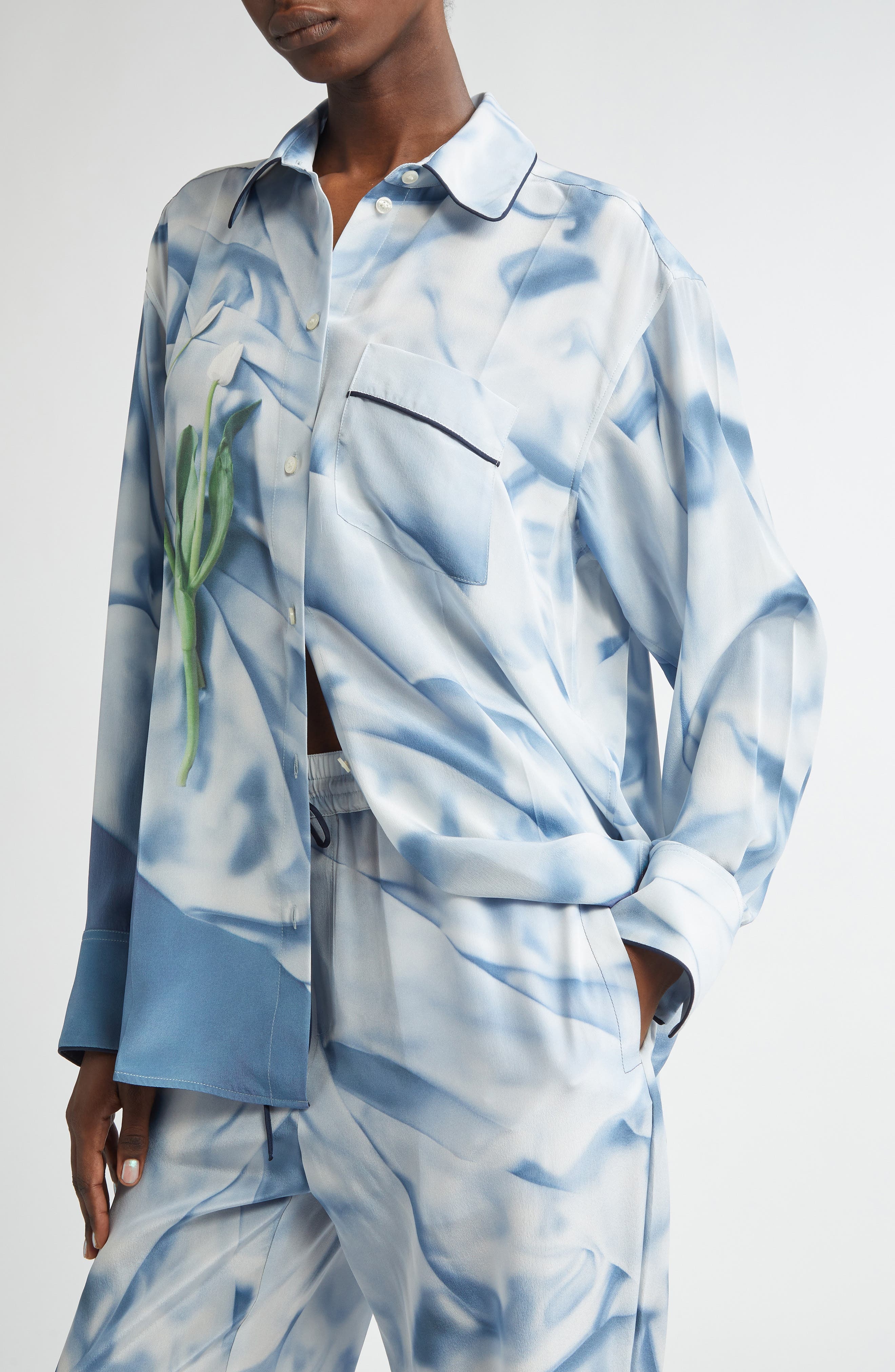 Victoria Beckham Piped Floral Silk Satin Button-Up Pajama Shirt in Satin Flowers Ice Blue at Nordstr - 5