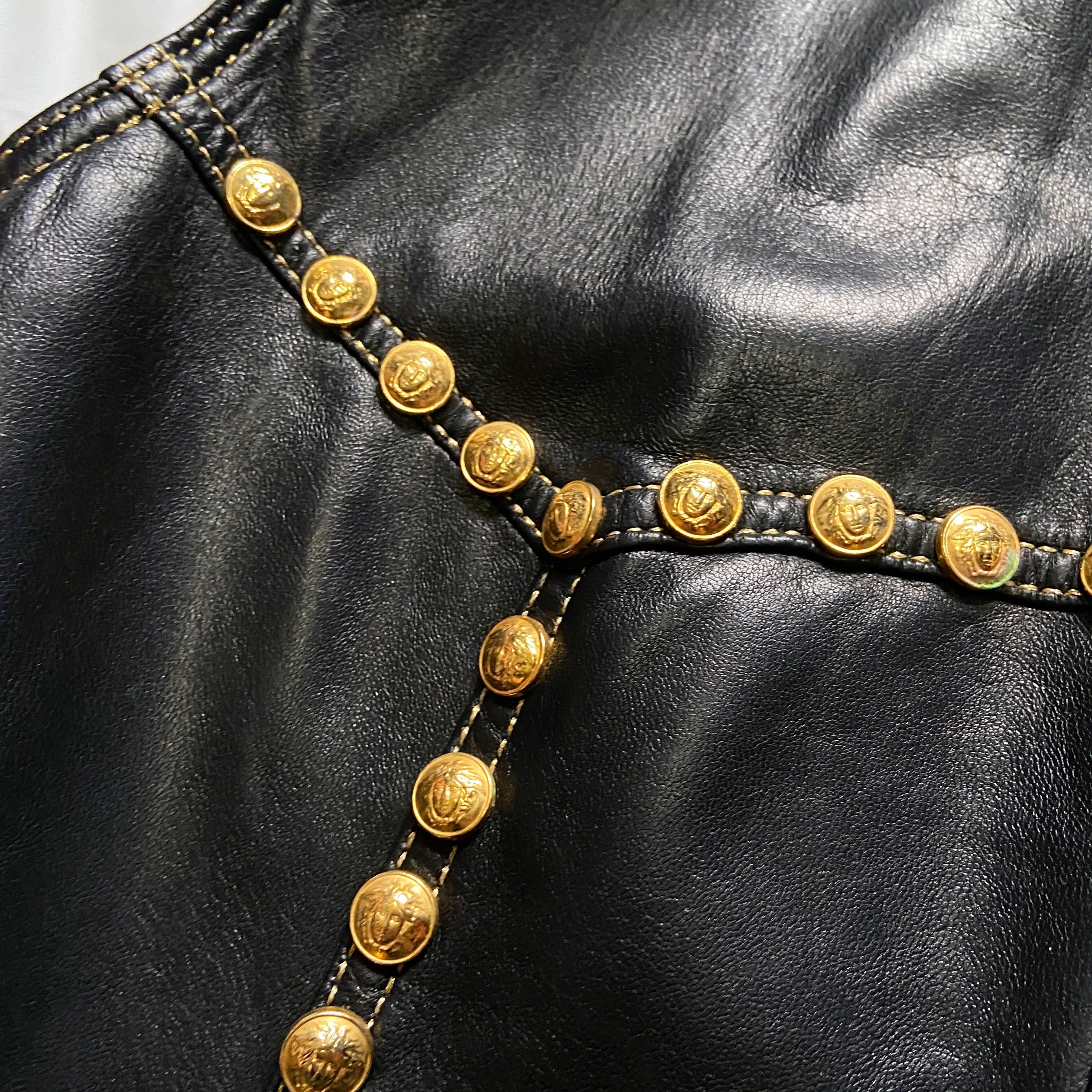 Gianni Versace Fall 1992 Midnight Cowgirl Lambskin Leather Vest with Mongolian Hair Collar and Gold  - 11