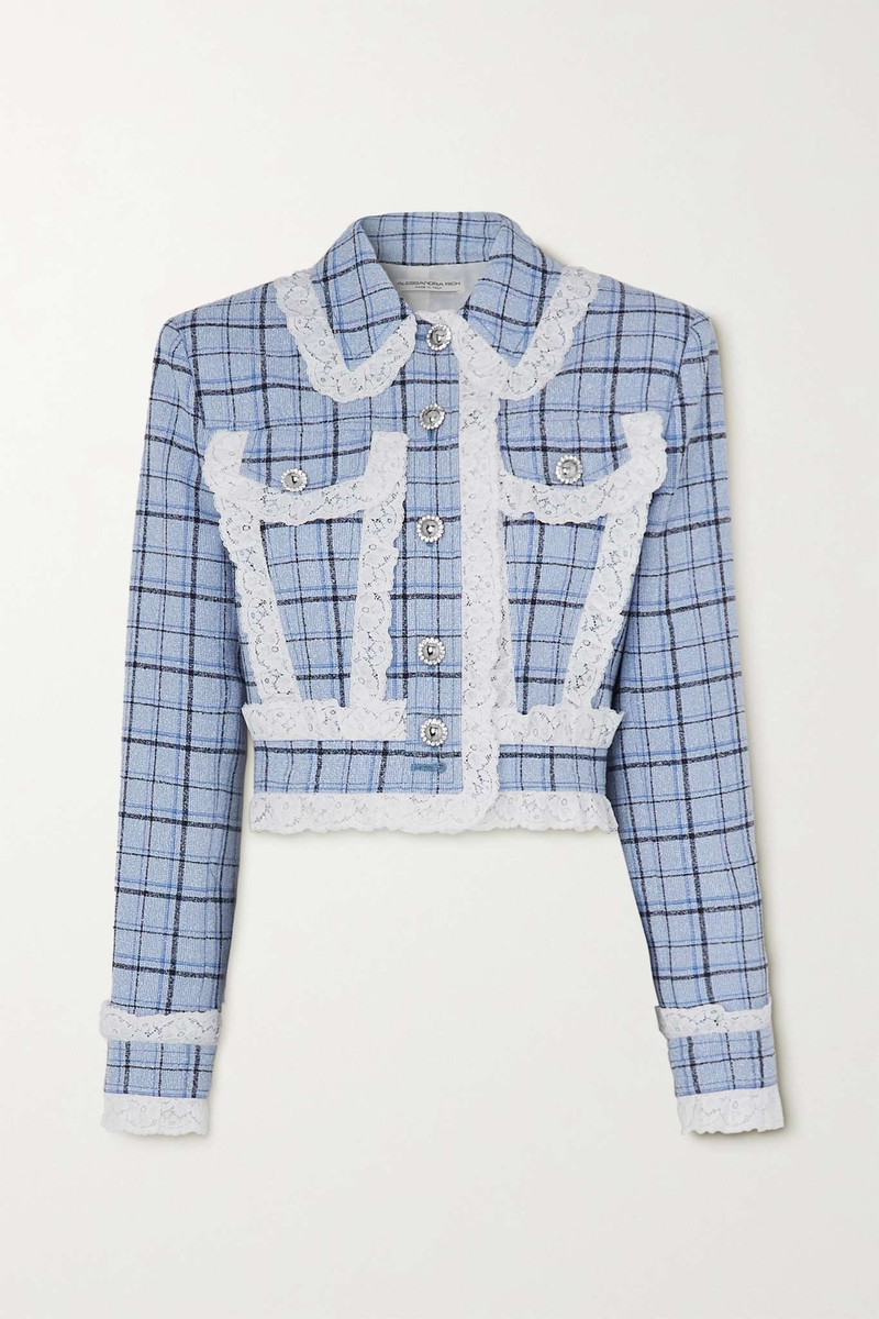 Cropped lace-trimmed checked wool-blend tweed jacket 1