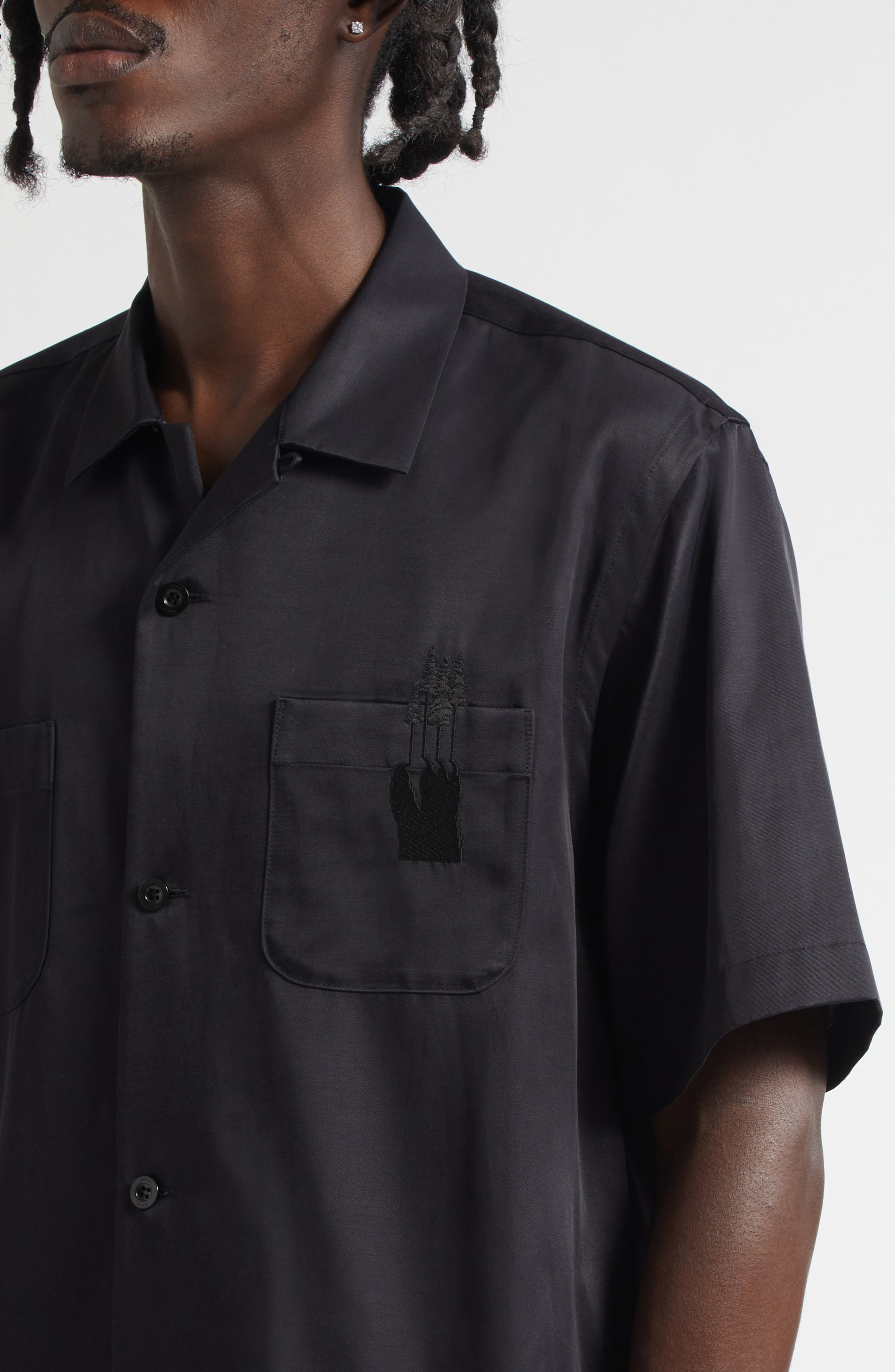 Sacai Where the Wild Things Are Embroidered Satin Camp Shirt in Black at Nordstrom - 5