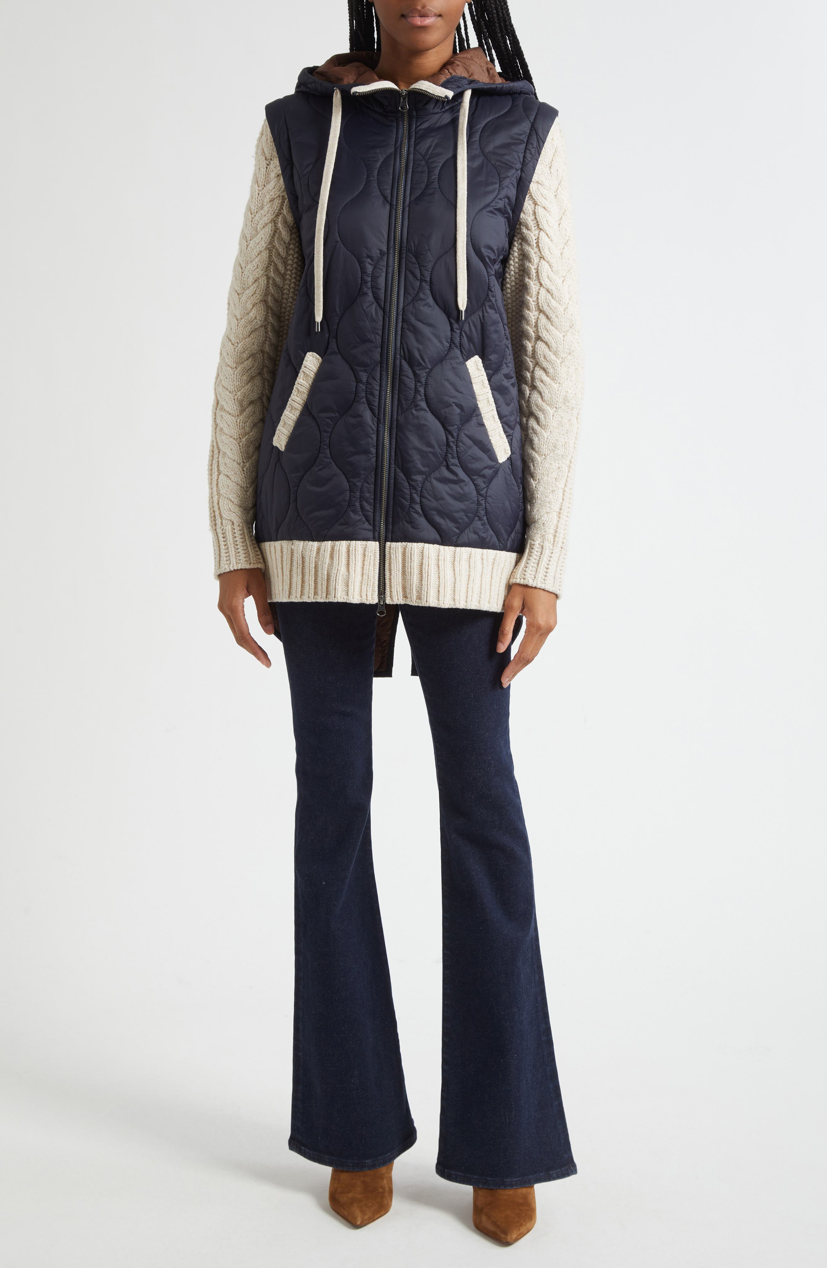 Veronica Beard Barrows Mixed Media Hooded Zip-Up Jacket in Navy Heathered Sand at Nordstrom - 2