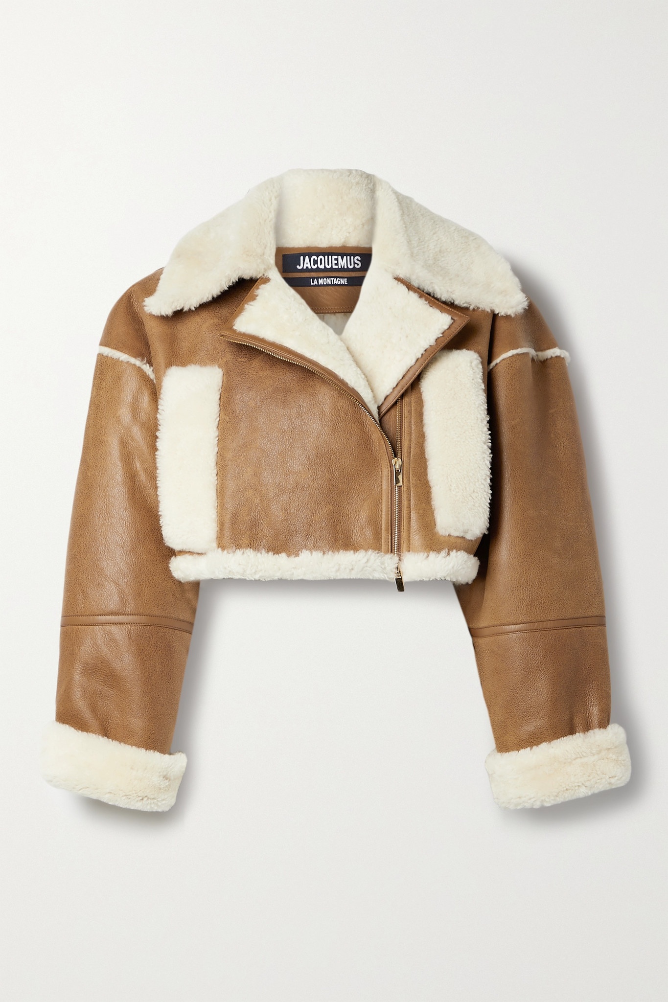 Cropped textured-leather and shearling biker jacket - 1