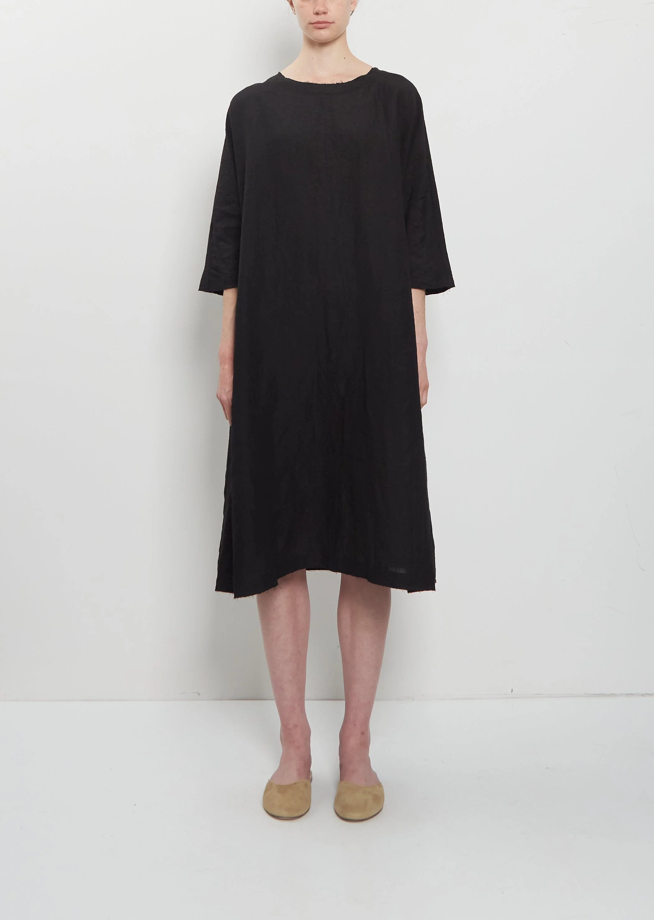 Crinkled Linen 3/4 Sleeve Tunic Dress — Black - 1