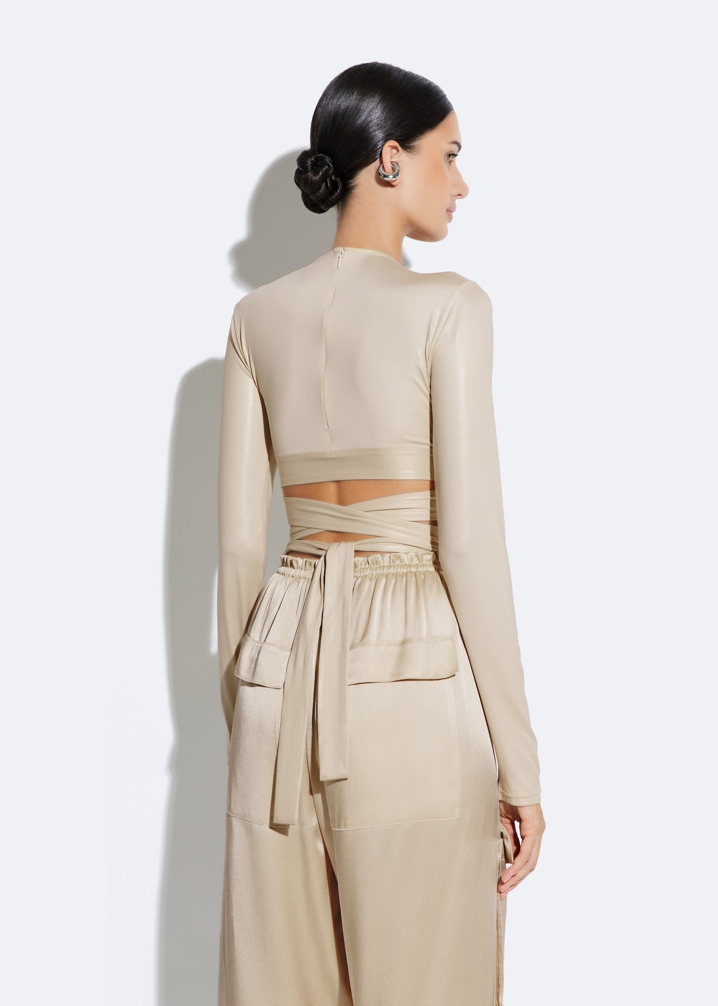 Coated Jersey Draped Wrap Tie Top - 4