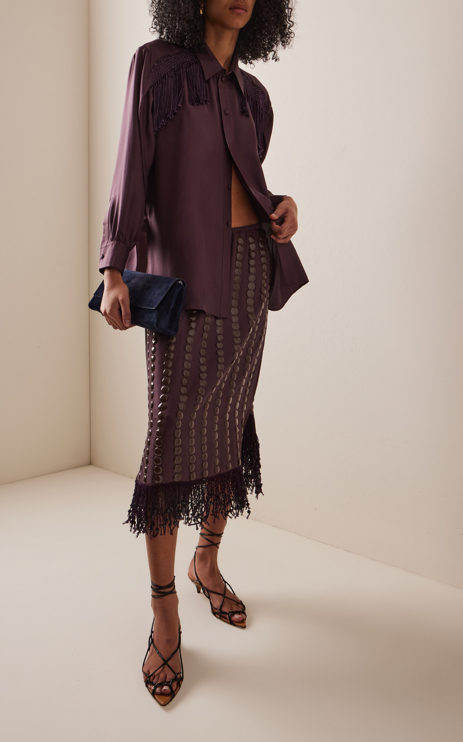 Epaullette Embellished Silk Twill Shirt berry - 3