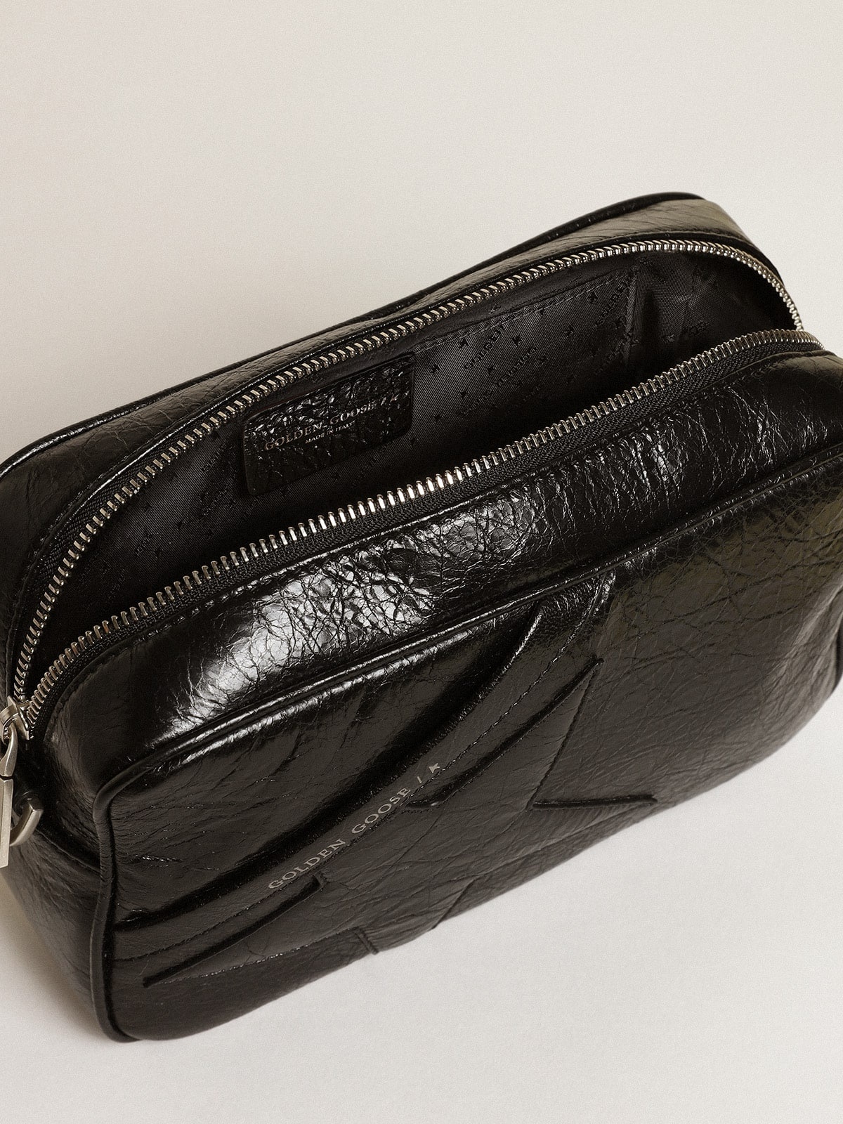 Women's Star Bag in glossy black leather with tone-on-tone star - 4