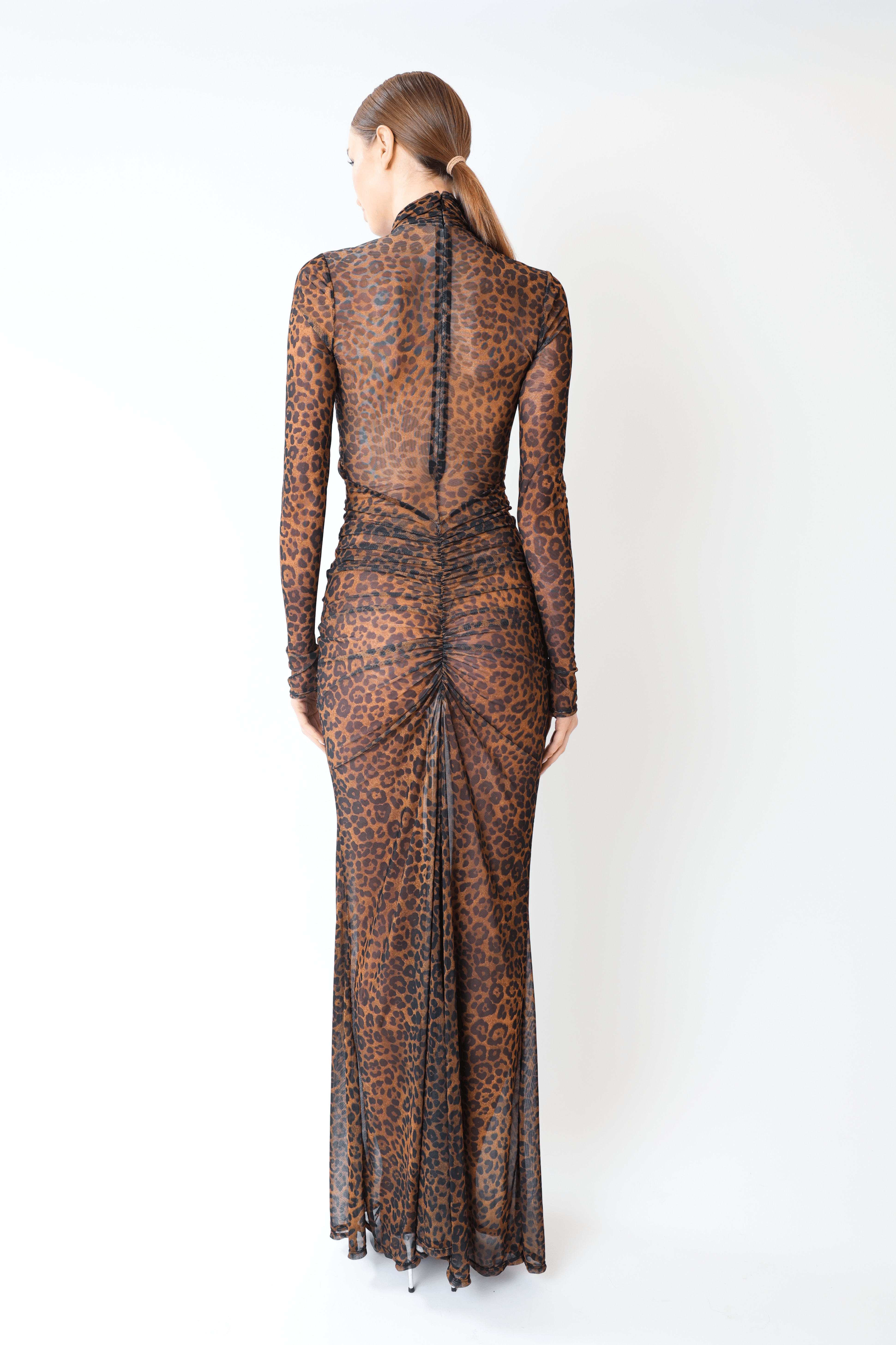 Printed Mesh Halter Ruched Gown - 3