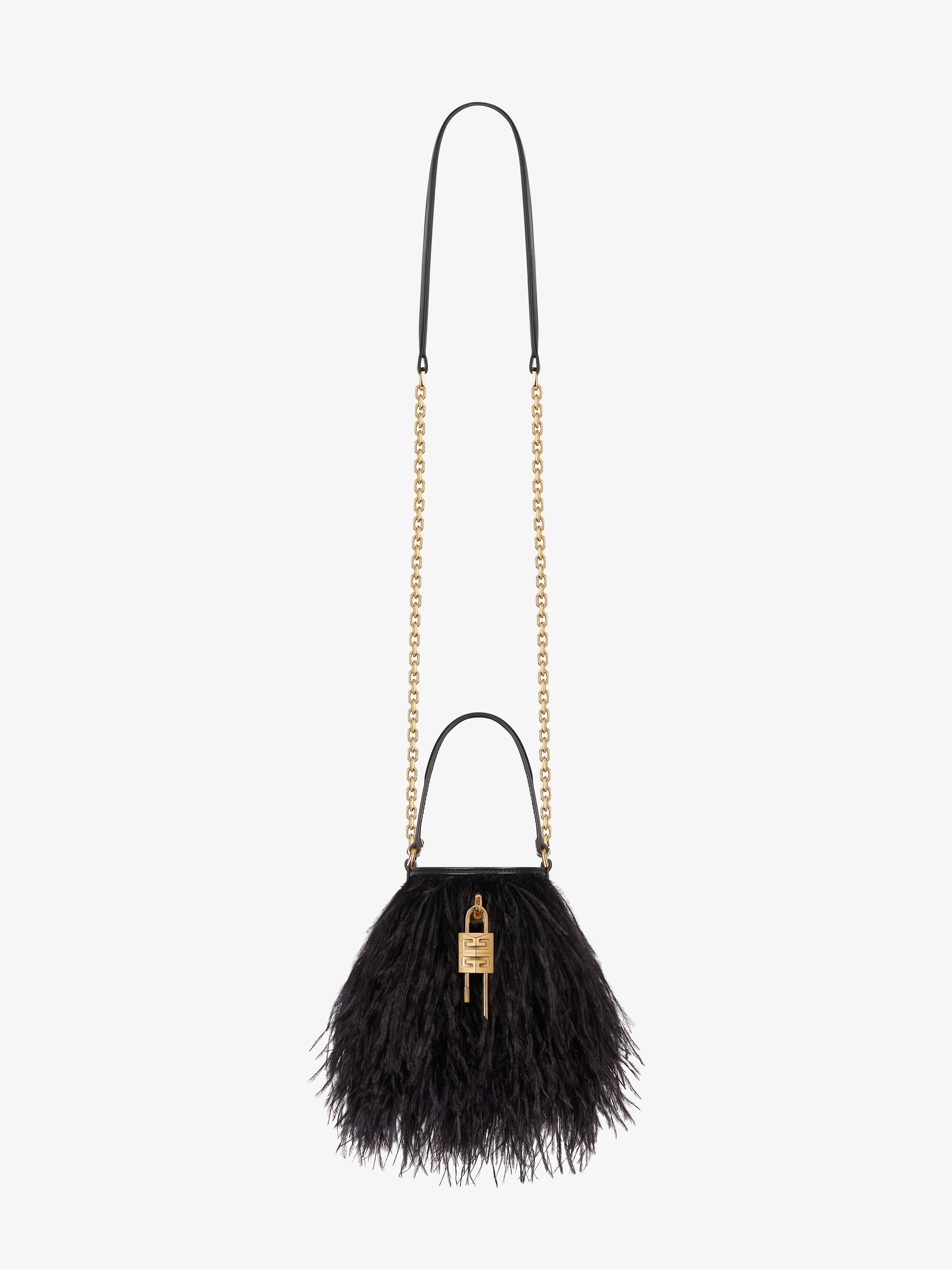 MICRO SHARK LOCK BUCKET BAG IN SATIN WITH FEATHERS - 3