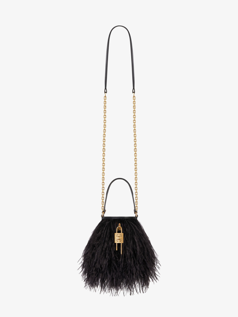 MICRO SHARK LOCK BUCKET BAG IN SATIN WITH FEATHERS 3