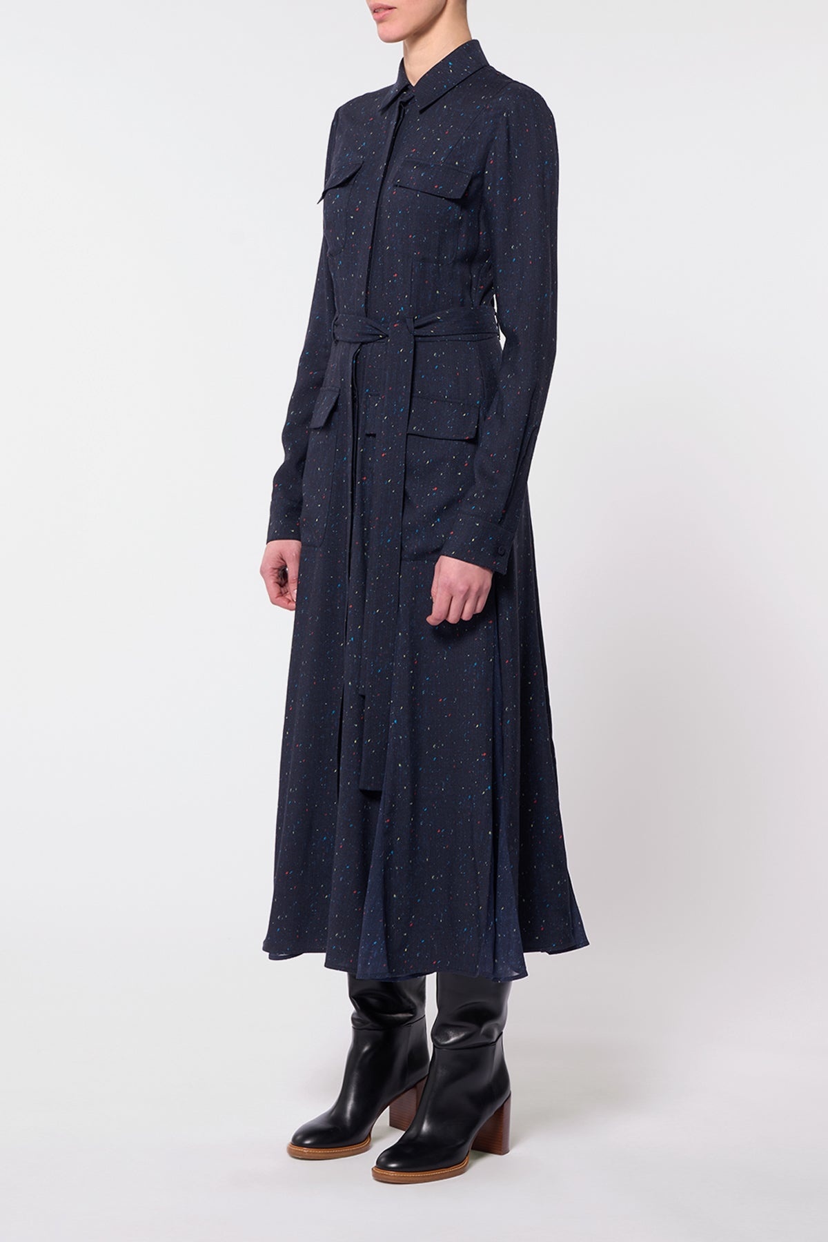 Meyer Pleated Shirtdress in Dark Navy Multi Wool Silk - 3