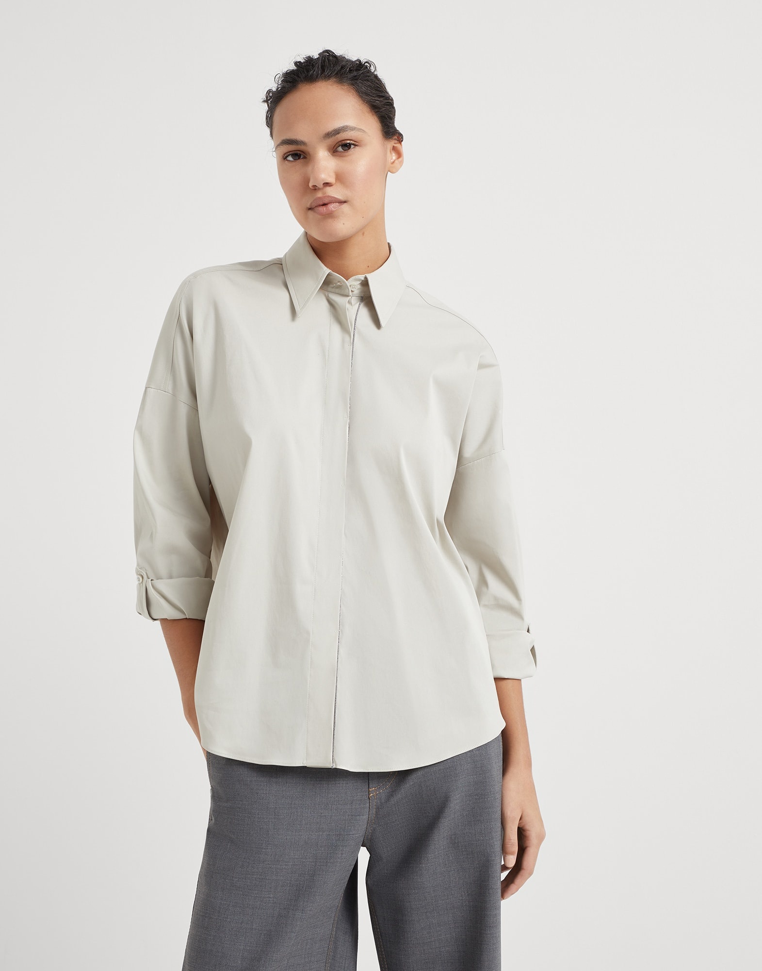 Stretch cotton poplin shirt with shiny trim - 1