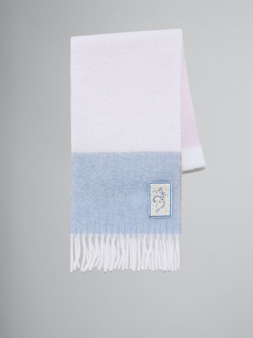 WHITE BLUE AND PINK ALPACA SCARF WITH DRAGON PATCH - 1