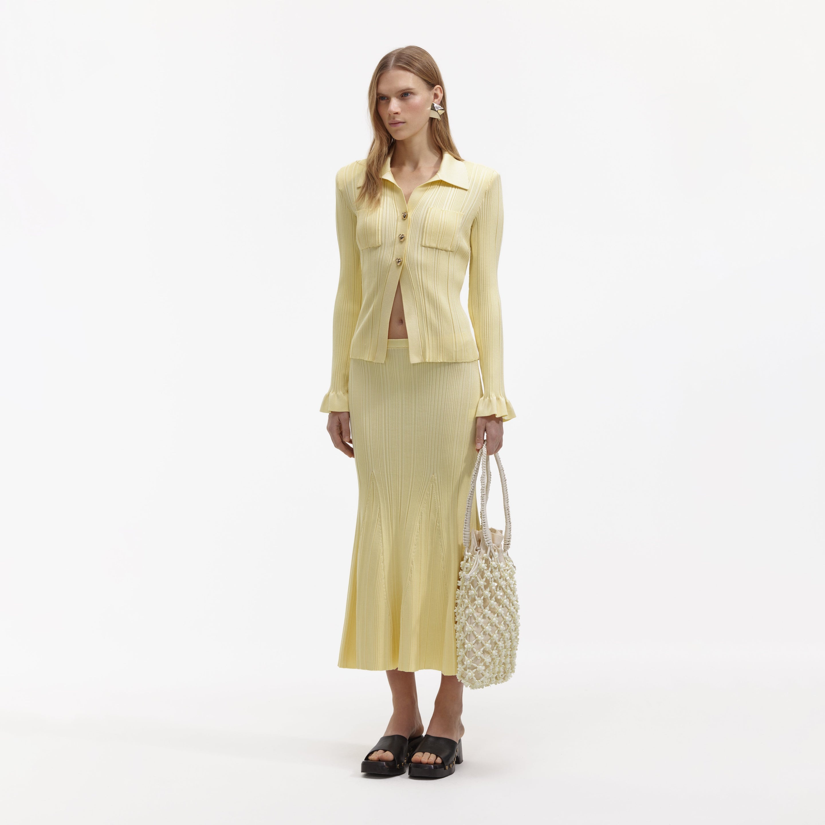 Yellow Ribbed Viscose Knit Skirt - 2