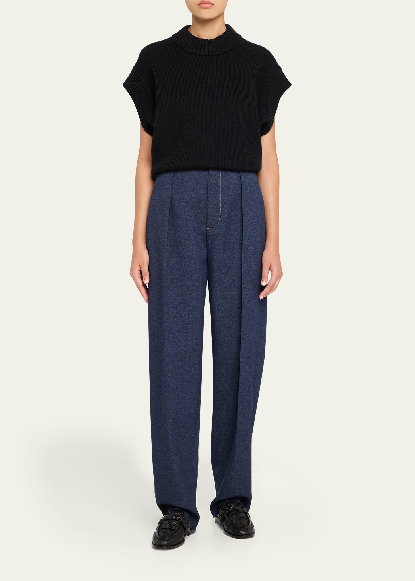 Melange Wool Drill Pleated Tapered-Leg Trousers - 2