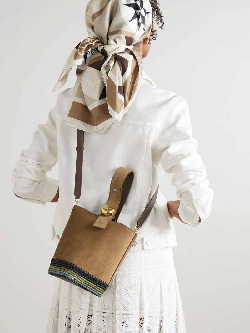 Loewe + Paula's Ibiza Pebble mini striped raffia-trimmed suede tote Brown outlook