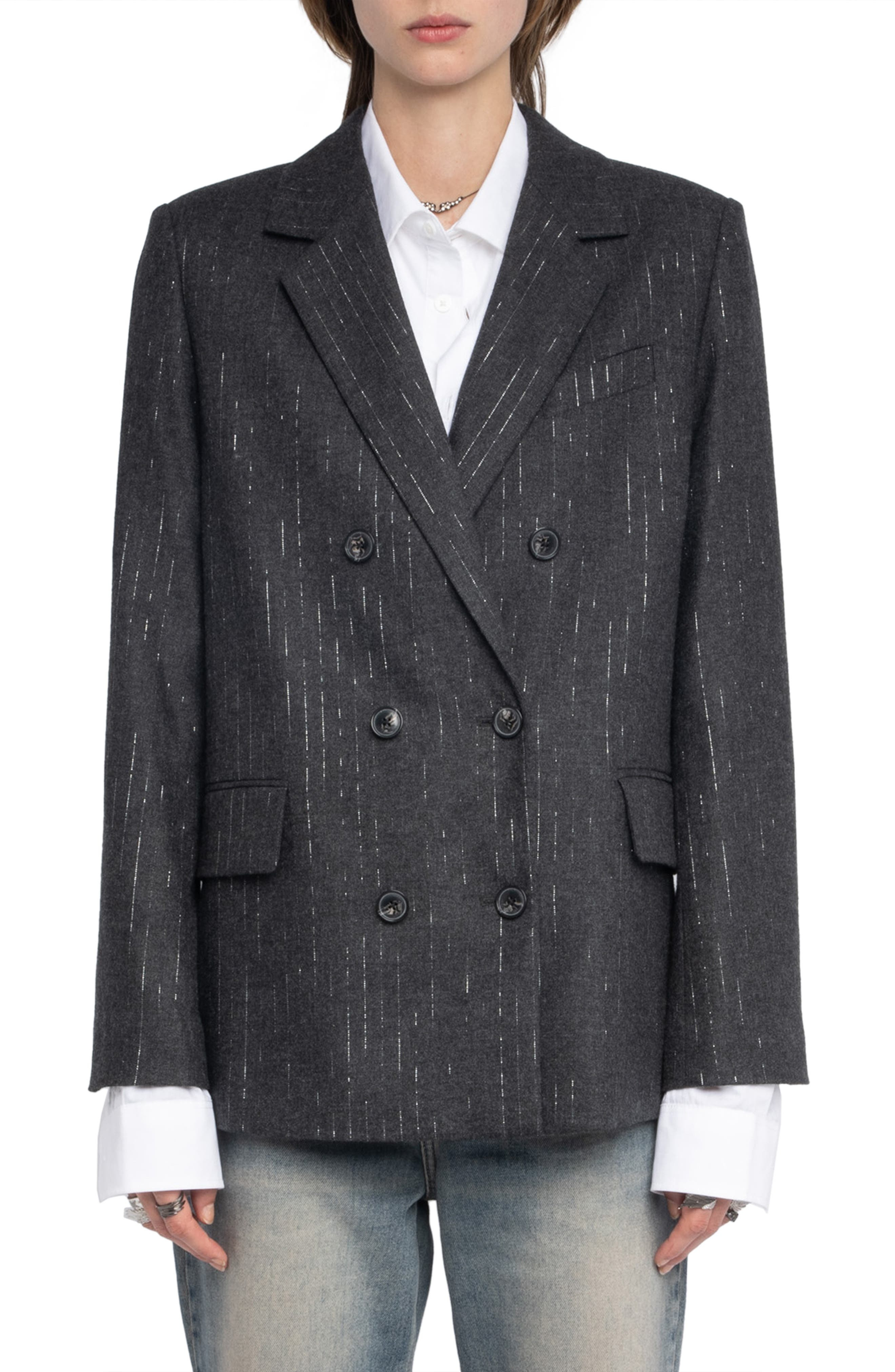 Zadig & Voltaire Vaska Metallic Stripe Double Breasted Blazer in Anthracite at Nordstrom - 1