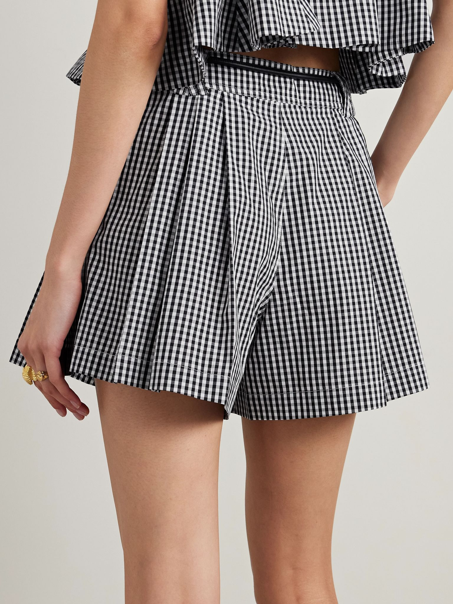 Neci belted pleated gingham cotton-poplin shorts Black - 4
