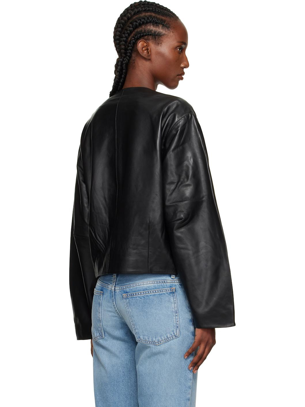 Black Utility Cocoon Leather Jacket - 3