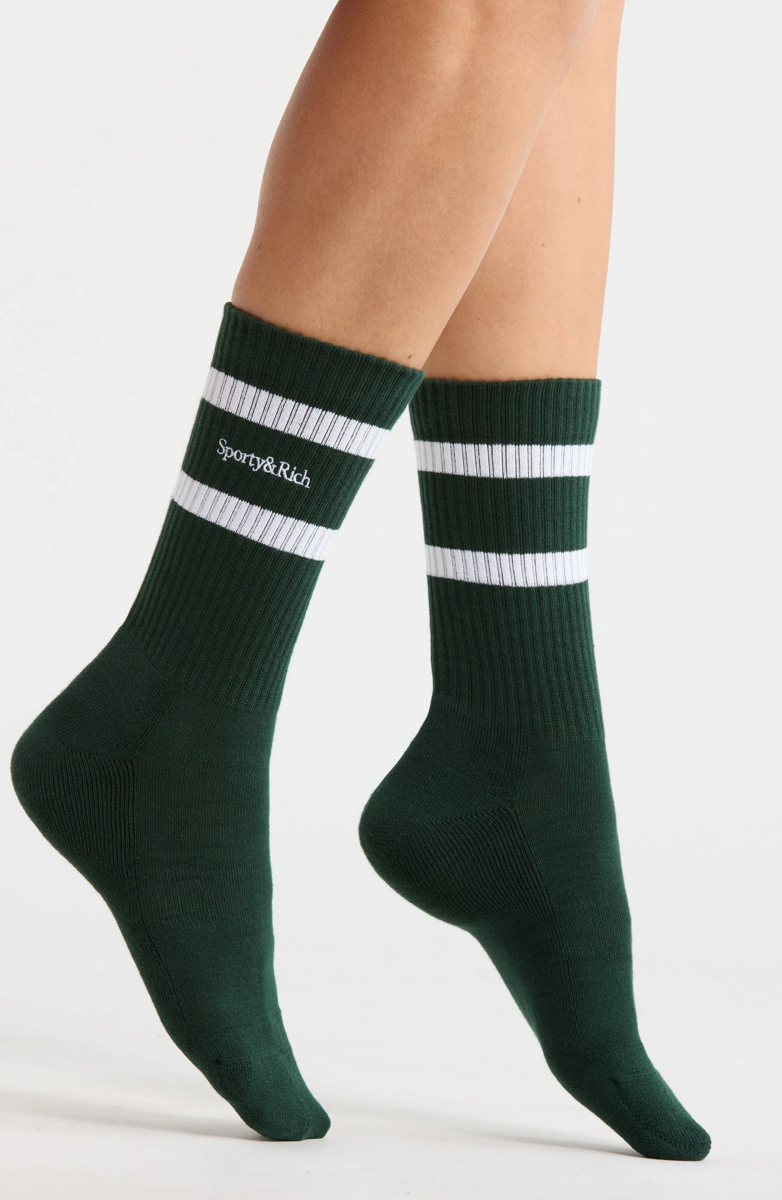 Sporty & Rich Stripe Serif Logo Embroidered Crew Socks in Forest/white at Nordstrom - 1