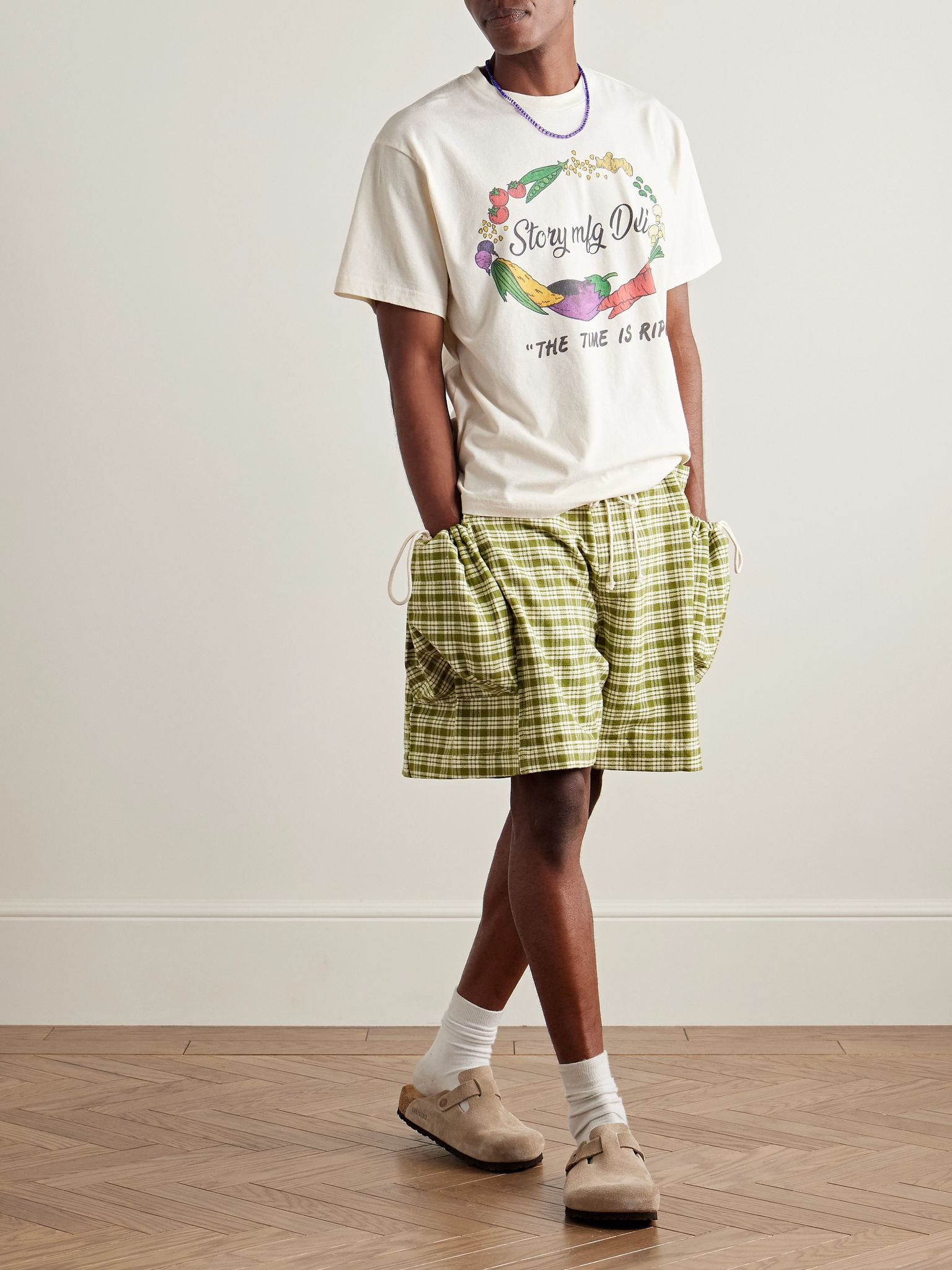 Salt Wide-Leg Checked Organic Cotton-Canvas Drawstring Shorts Green - 2