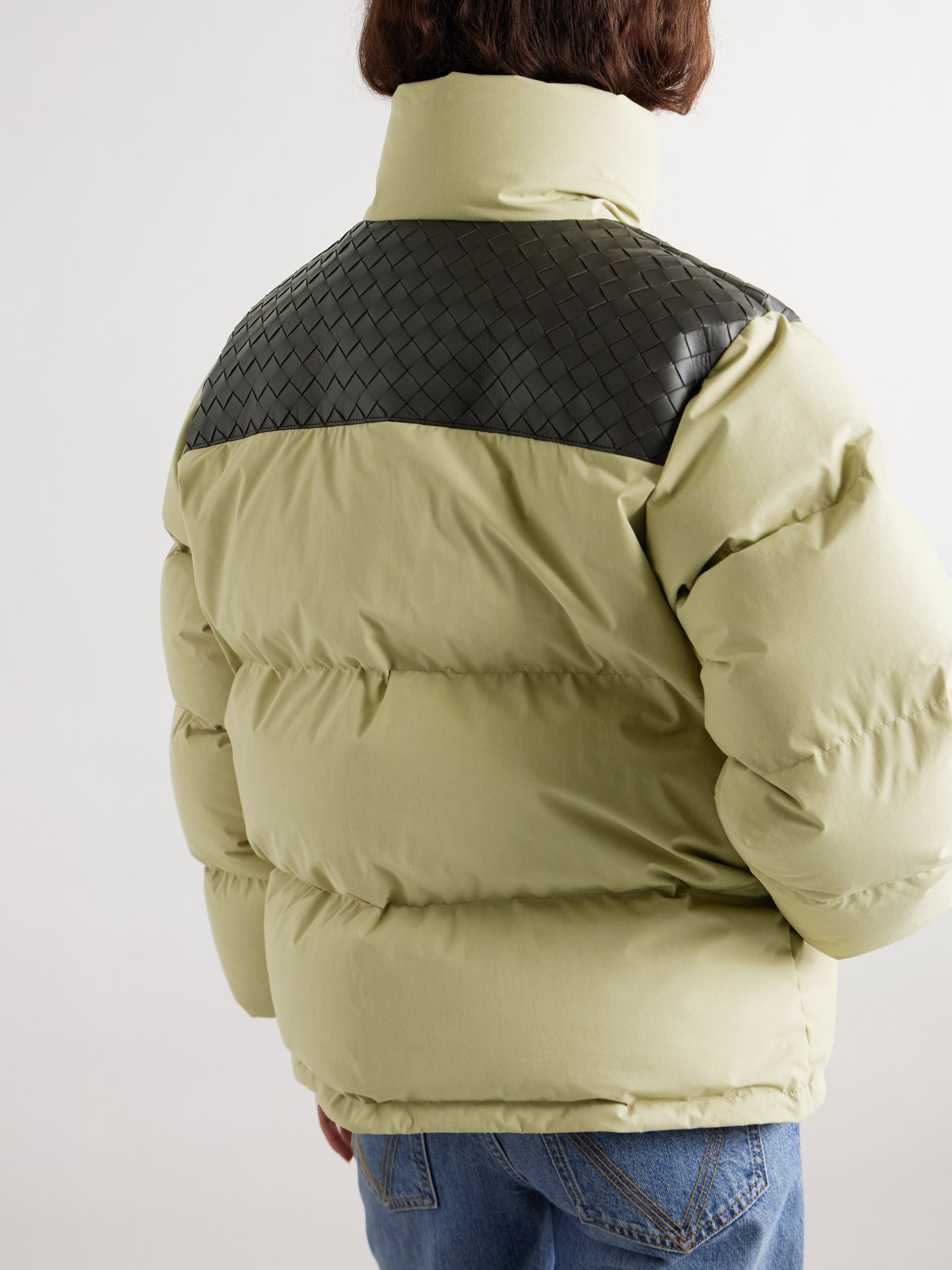 Quilted intrecciato leather-trimmed padded cotton-shell down jacket Green - 4