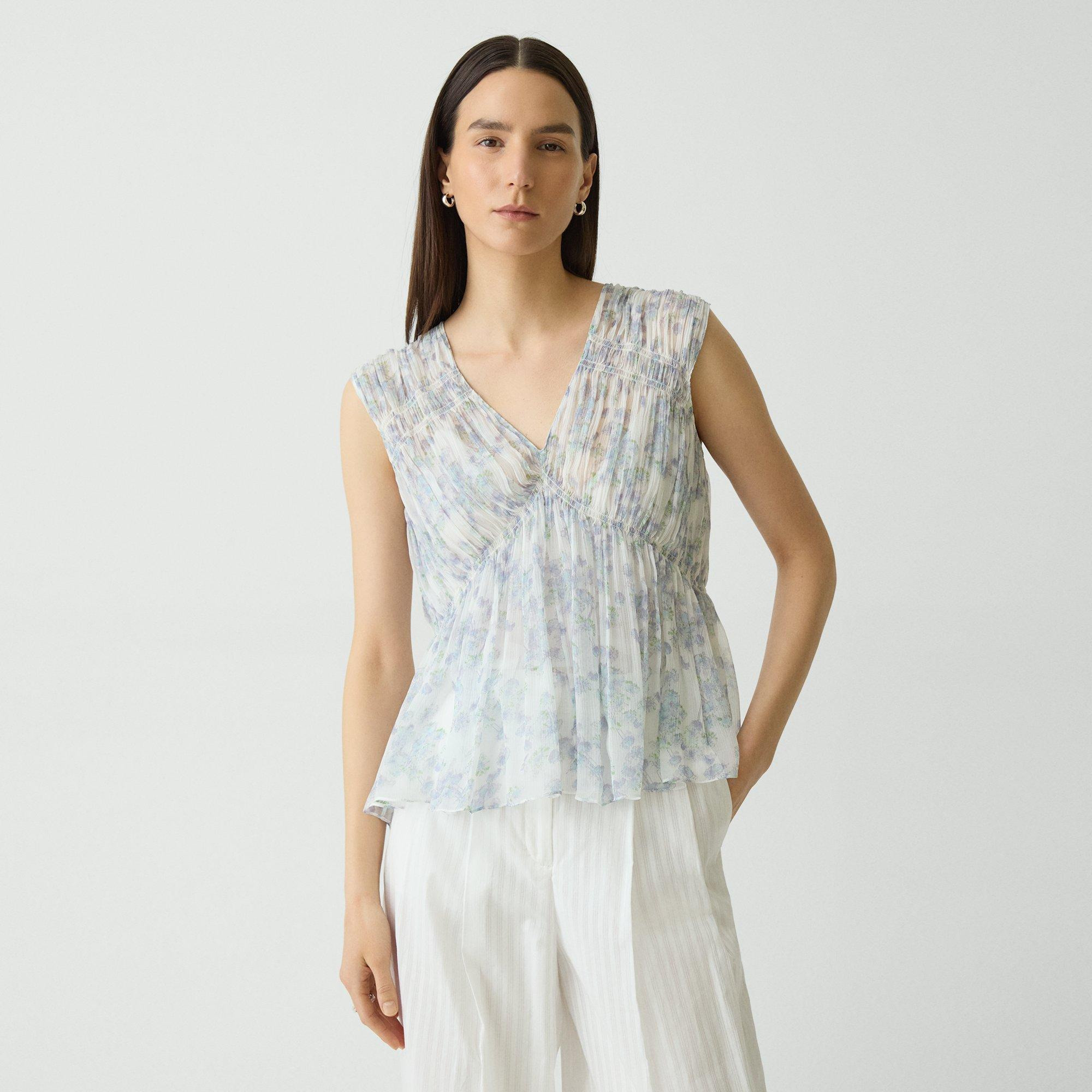 Ruched Sleeveless Top in Floral Silk - 2