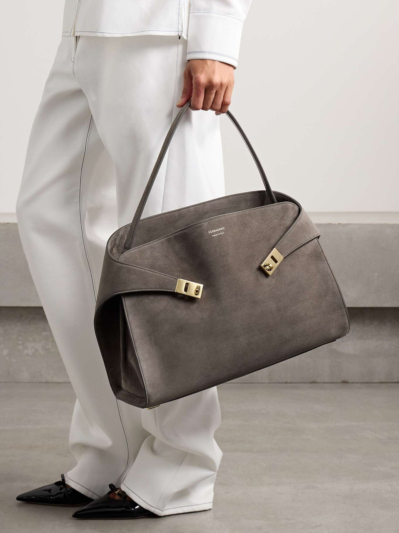 FERRAGAMO Hug medium suede tote Taupe outlook