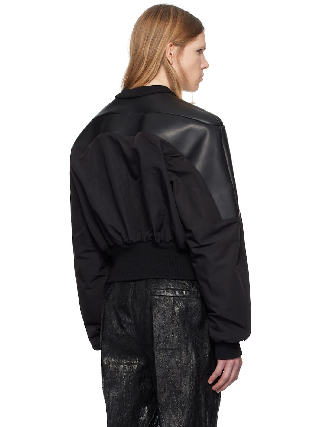 Black Hollywood Girdered Leather Bomber Jacket - 3