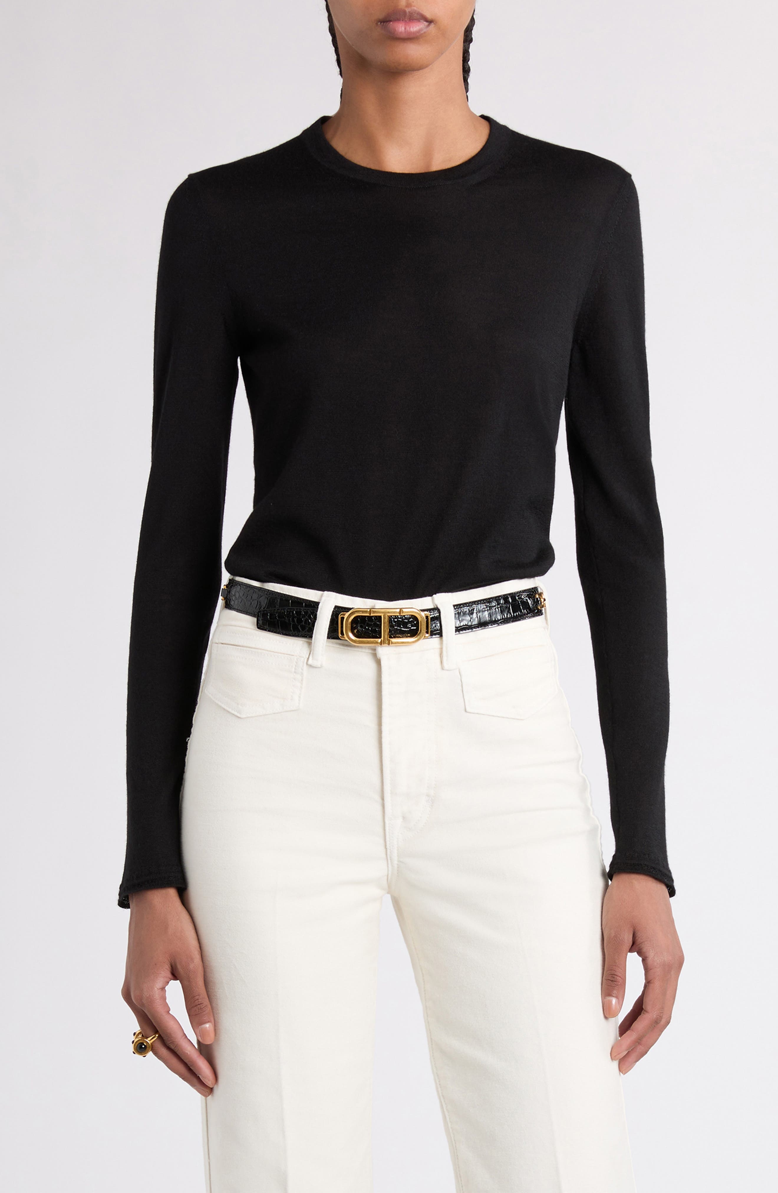TOM FORD Fine Gauge Cashmere & Silk Crewneck Sweater in Lb999 Black at Nordstrom - 1