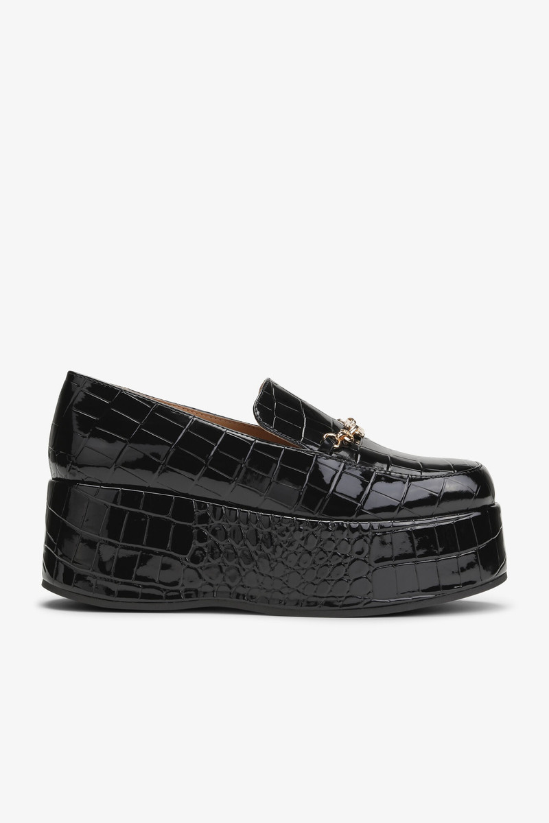 BLACK PATENT CROCO BUTTERFLY CHAIN PLATFORM LOAFERS - 1