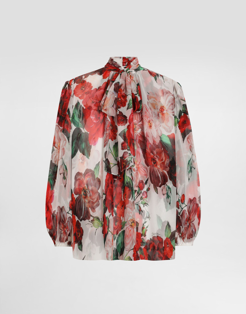 Chiffon pussy-bow blouse with rose print 1