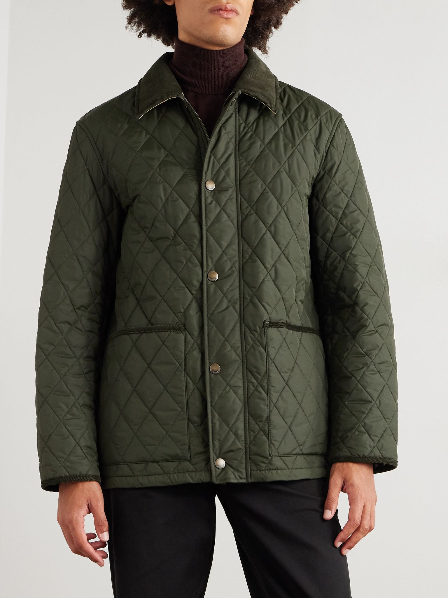 Padded Corduroy-Trimmed Quilted Shell Jacket Green - 3