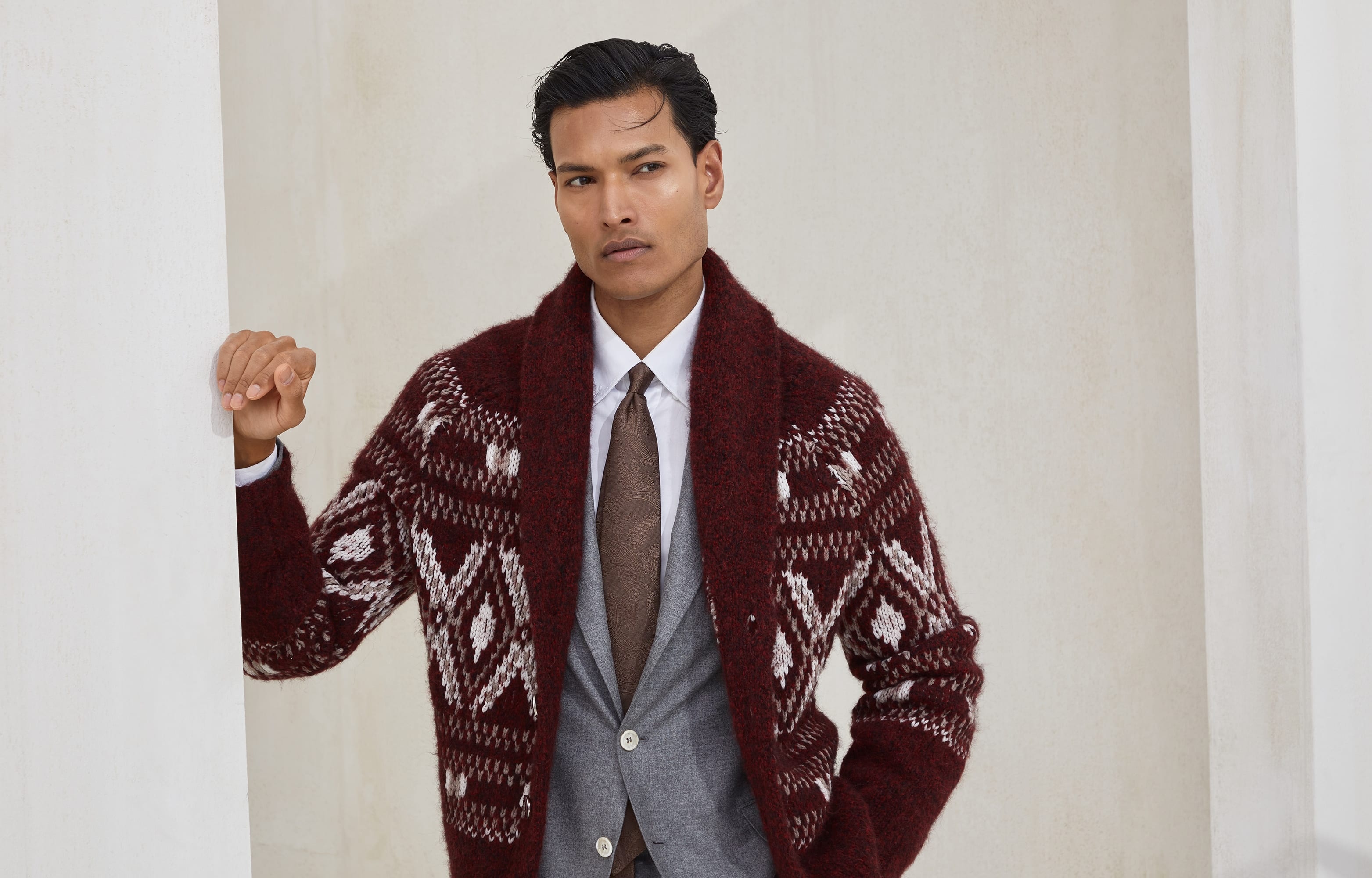 Alpaca, virgin wool and cashmere geometric jacquard cardigan with metal buttons - 6